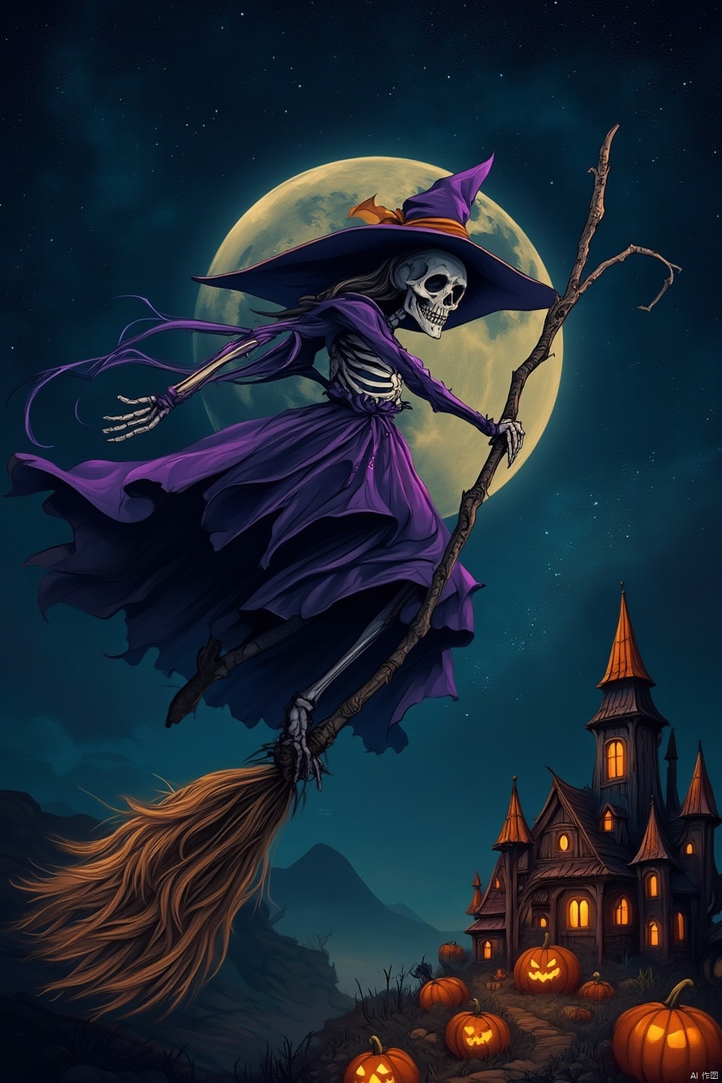 A midnight sky ablaze with stars, the only light source for this haunting scene. A luminous broom, its glow illuminating the dark atmosphere, supports an old skeleton witch dressed in a stunning purple costume. Her wicked smile and piercing gaze seem to pierce through the darkness as she soars diagonally towards the upper right, her silhouette stark against the starry canvas. In the background, a glowing moon hangs low, surrounded by a majestic castle crafted from pumpkins, its intricate details a testament to the whimsy of this western fantasy world.