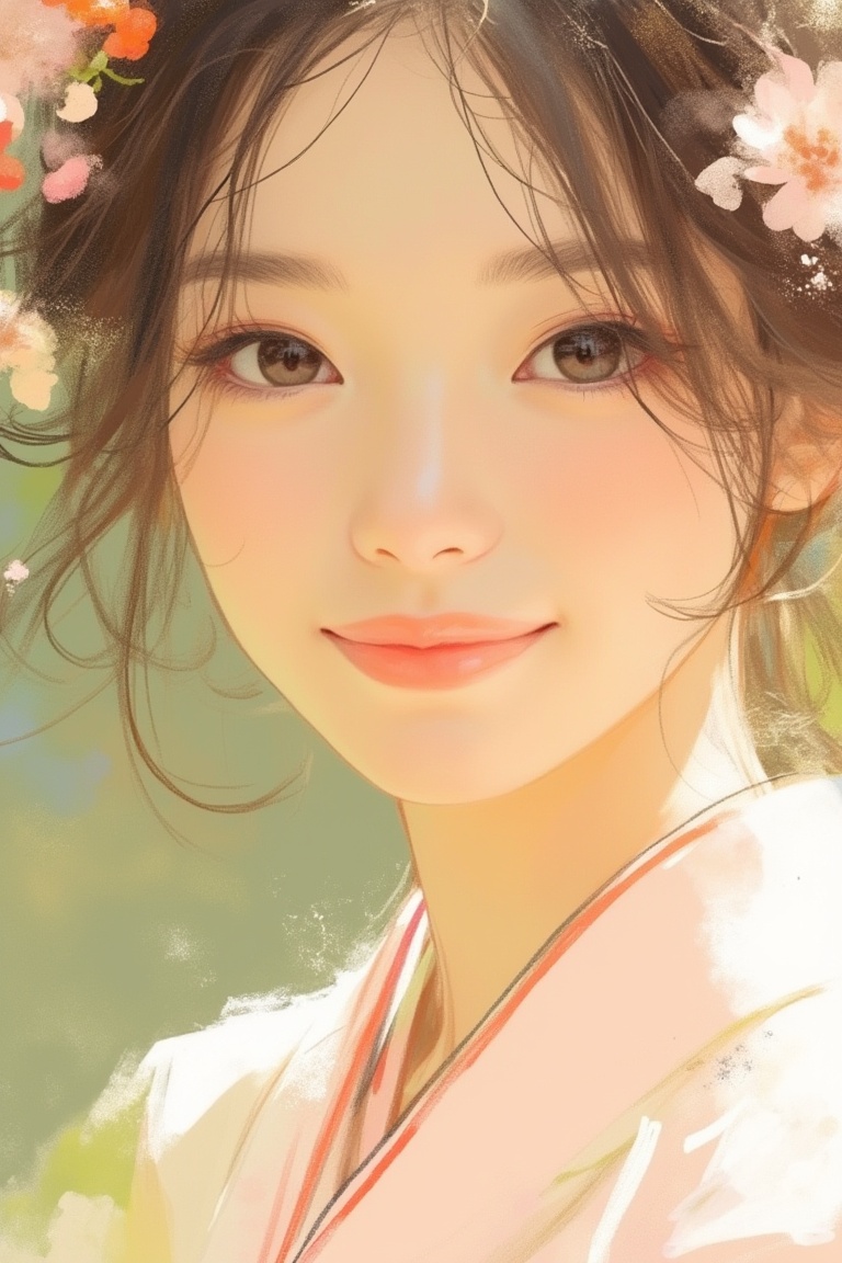 A close-up sketch captures a woman's serene face,  adorned with pastel hanfu. Her delicate features and intricate attire a...