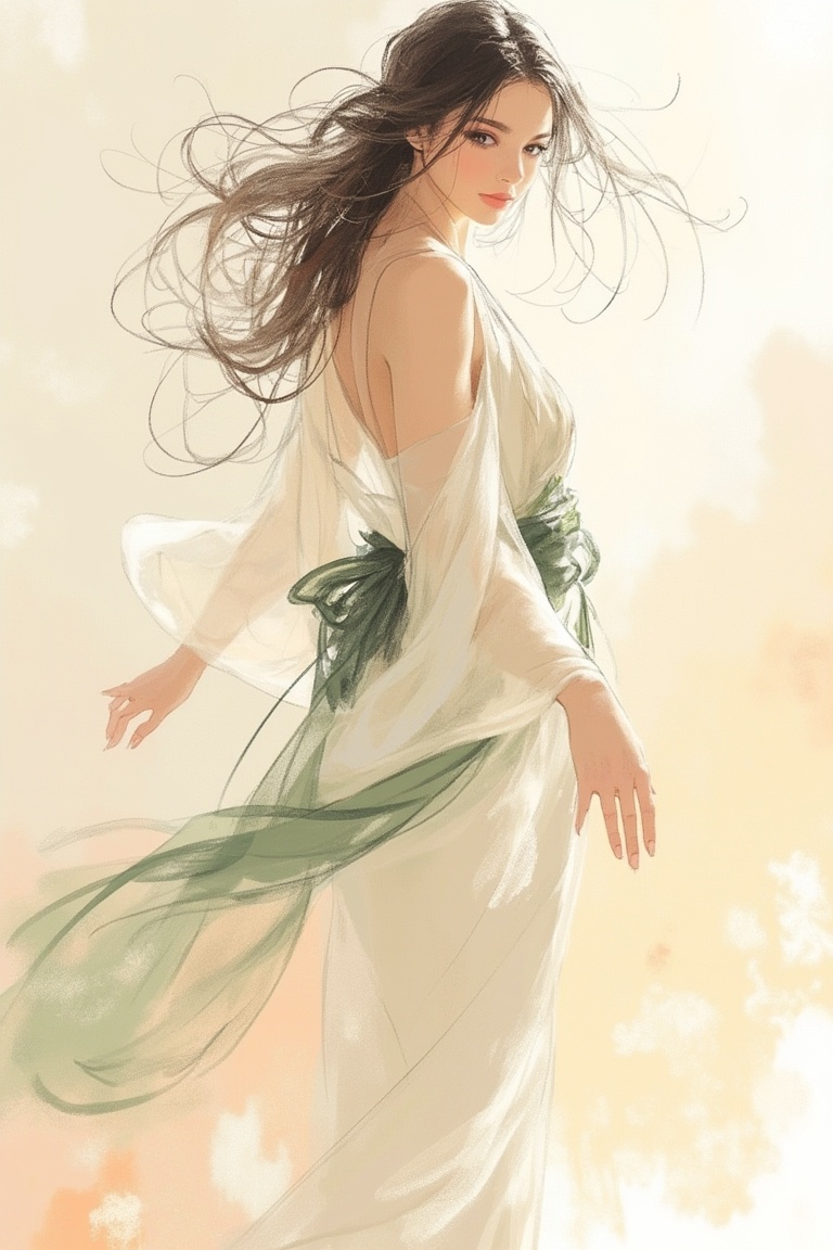 A sketched woman with windswept hair stands gracefully,  her dynamic appearance captured in a medium shot. Her hanfu,  ado...