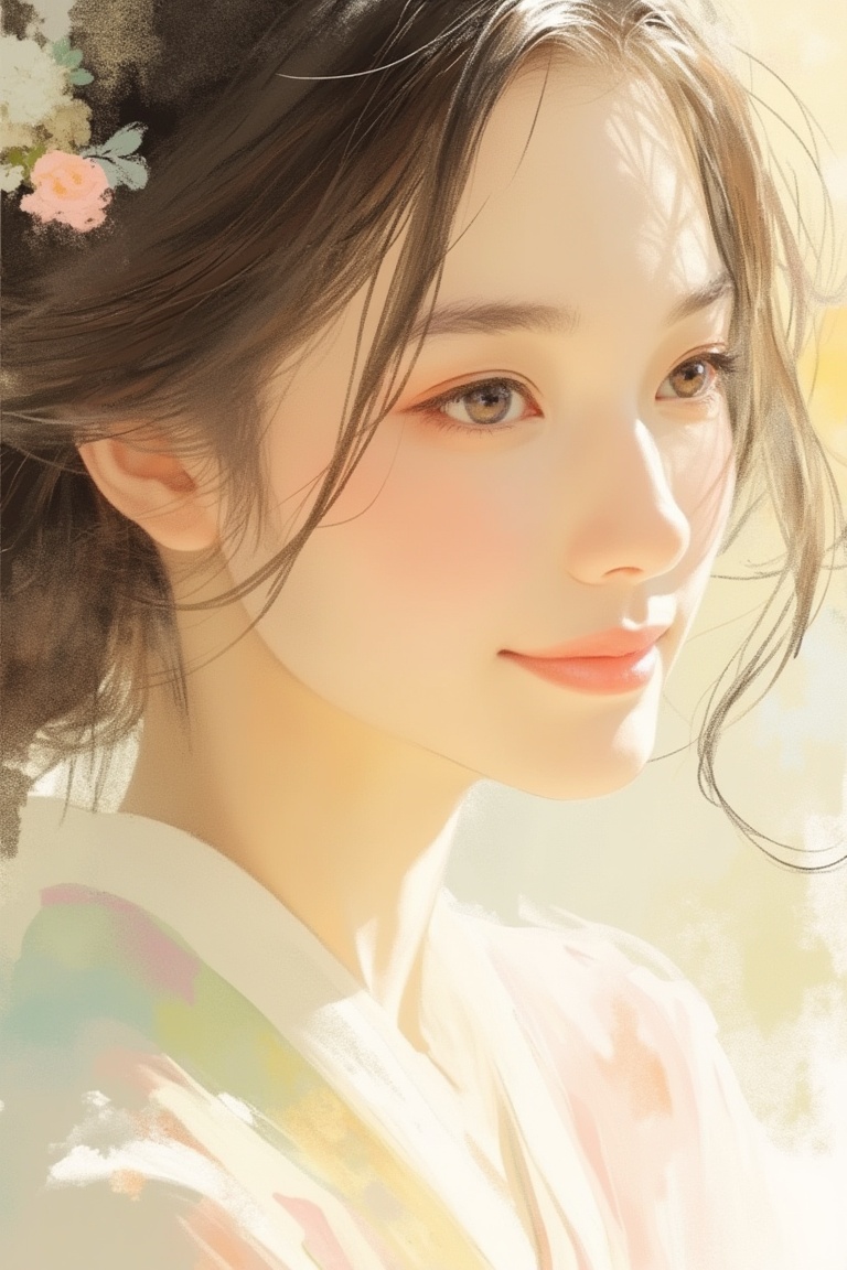 A close-up sketch captures a woman's serene face,  adorned with pastel hanfu. Her delicate features and intricate attire a...