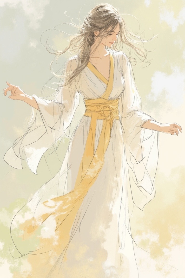 A sketched woman with windswept hair stands gracefully,  her dynamic appearance captured in a medium shot. Her hanfu,  ado...