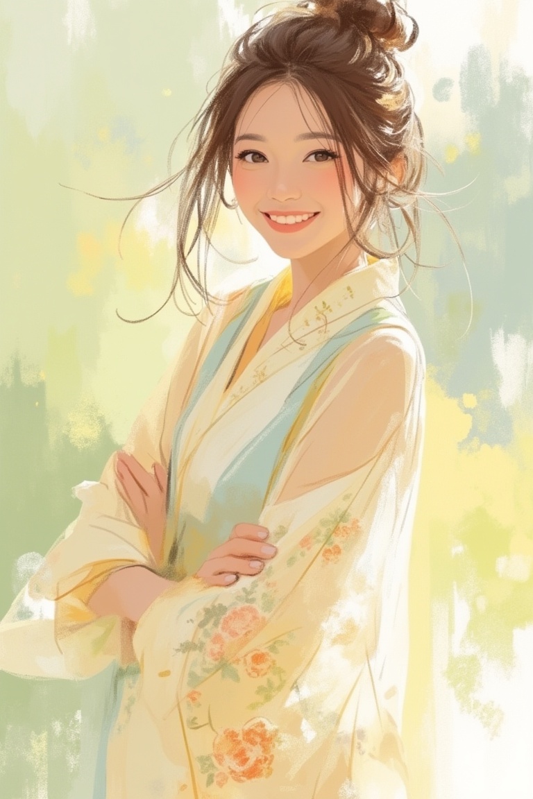 A sketched woman with brown hair and a radiant smile stands gracefully,  her glossy lips adding a touch of allure. Her han...