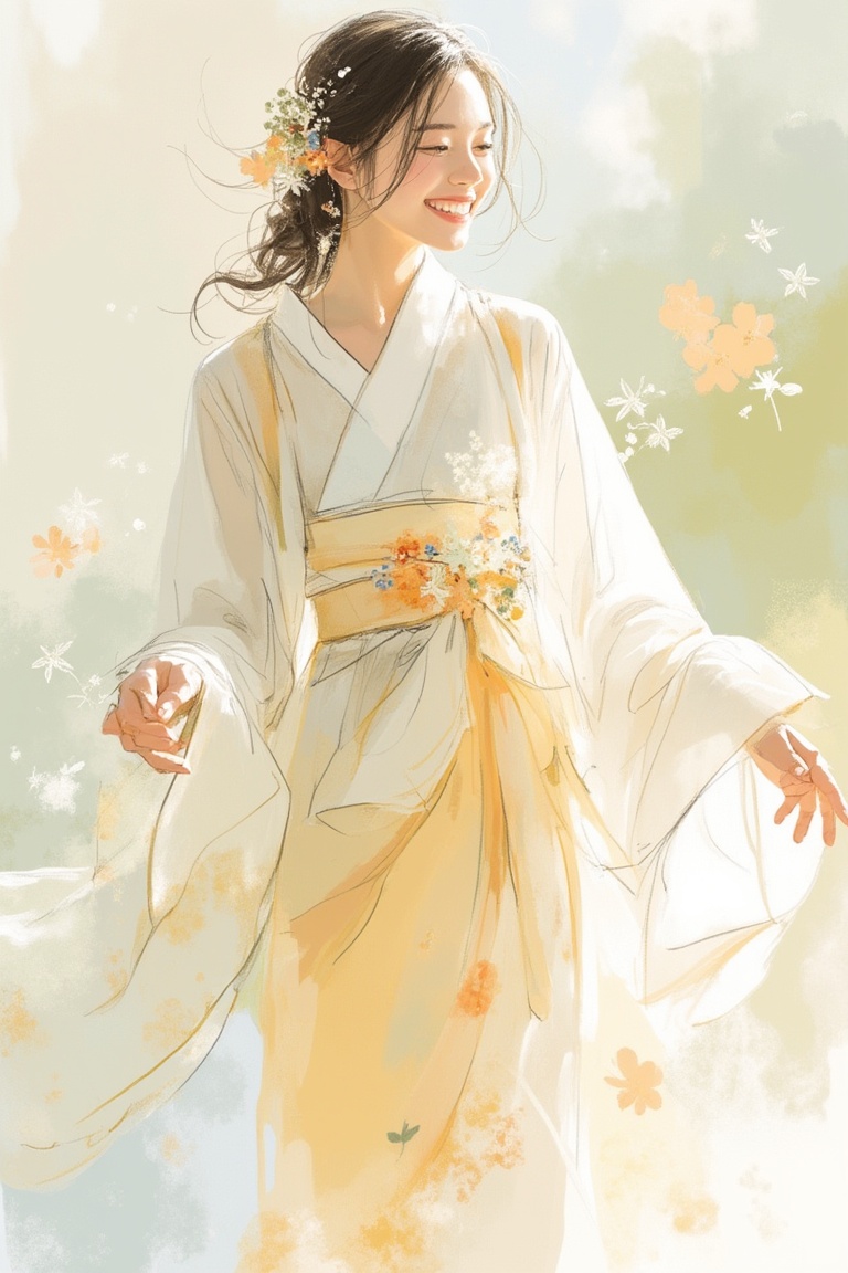 A sketched woman with a radiant smile stands gracefully,  her joyful expression captured in a medium shot. Her hanfu,  ado...