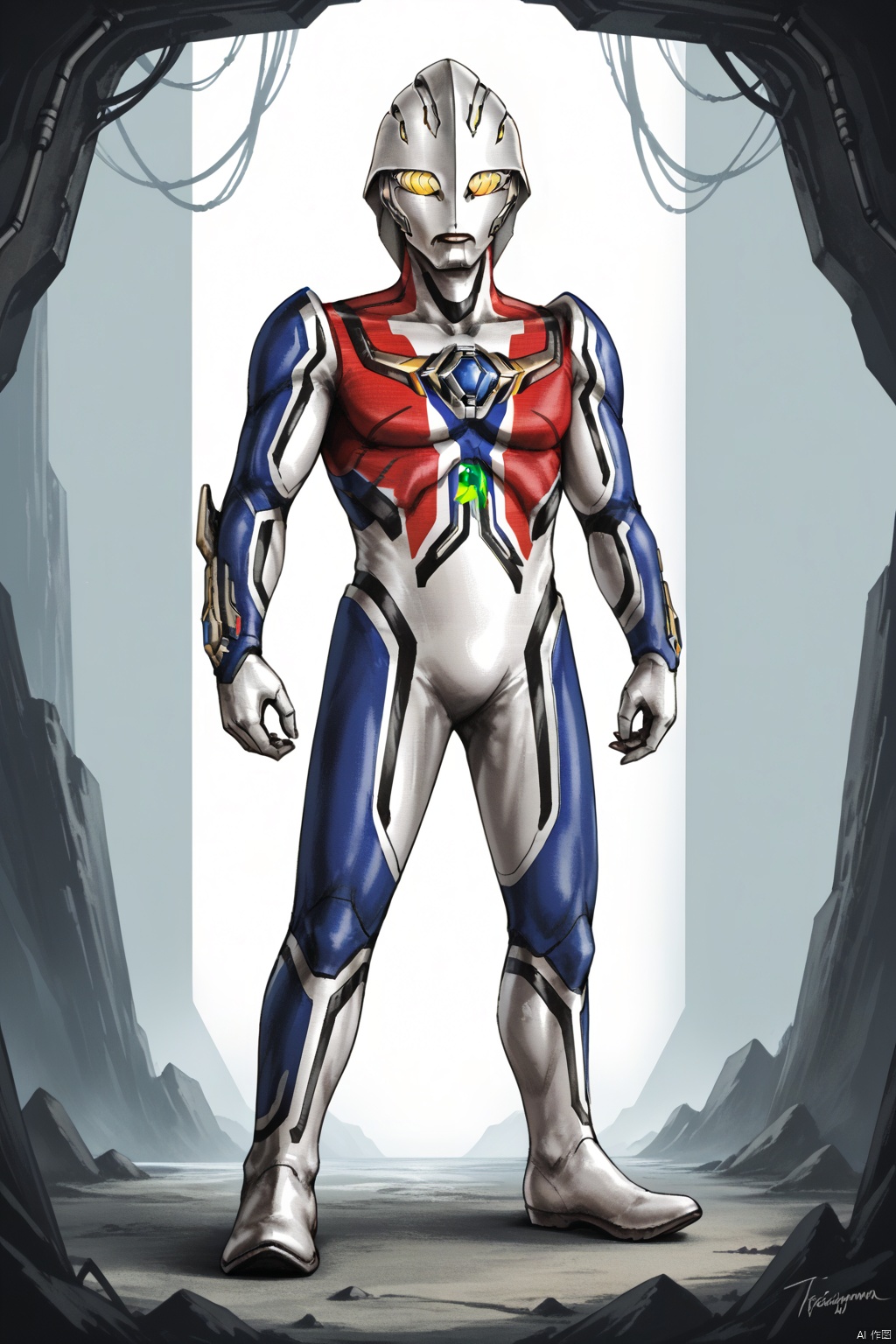 ultraman nexus,alien, full body, glowing eyes,science fiction, solo, tokusatsu,yellow eyes, alien,no humans, science fiction, bodysuit, helmet, robot