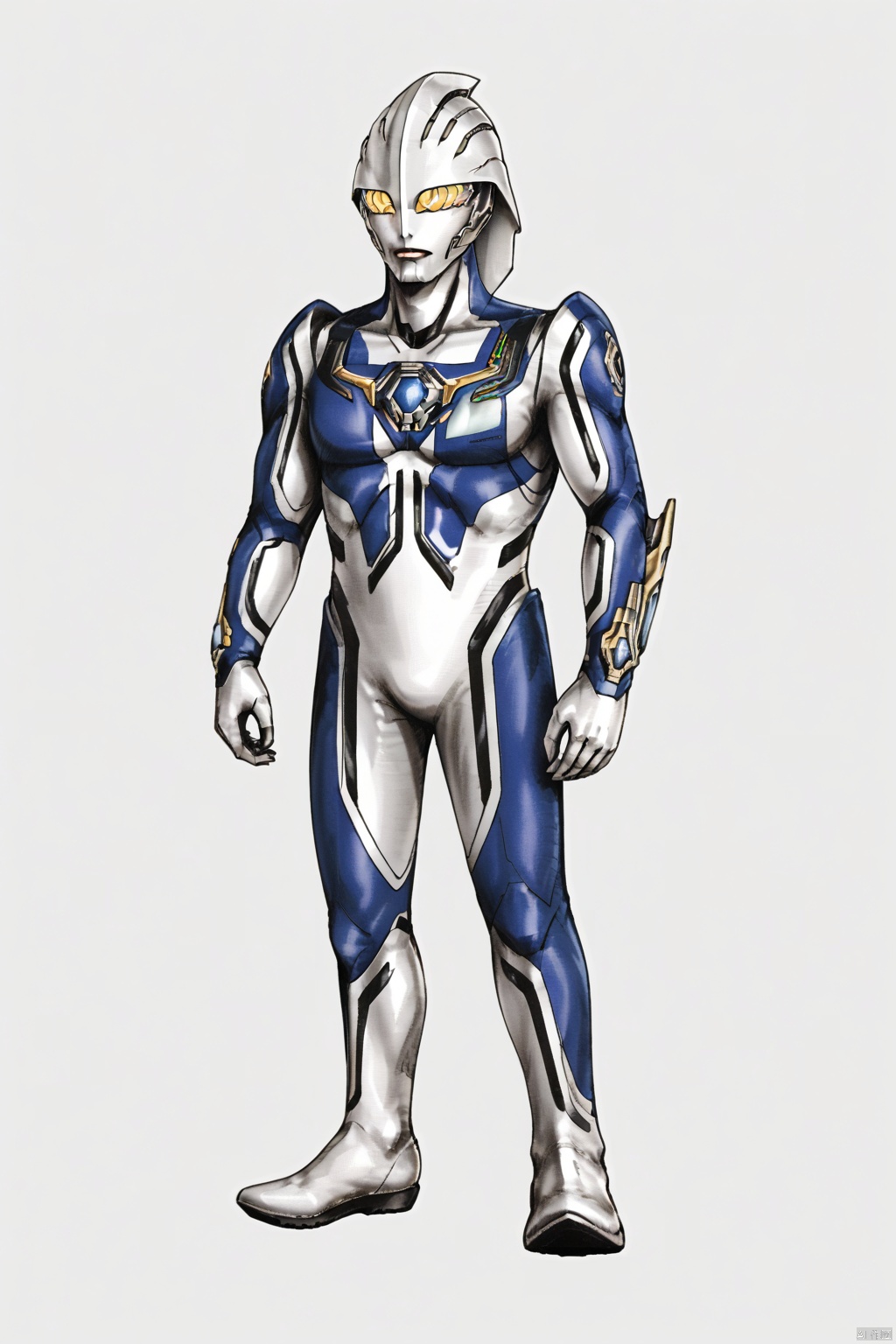 ultraman nexus,alien, full body, glowing eyes,science fiction, solo, tokusatsu,yellow eyes, alien,no humans, science fiction, bodysuit, helmet, robot