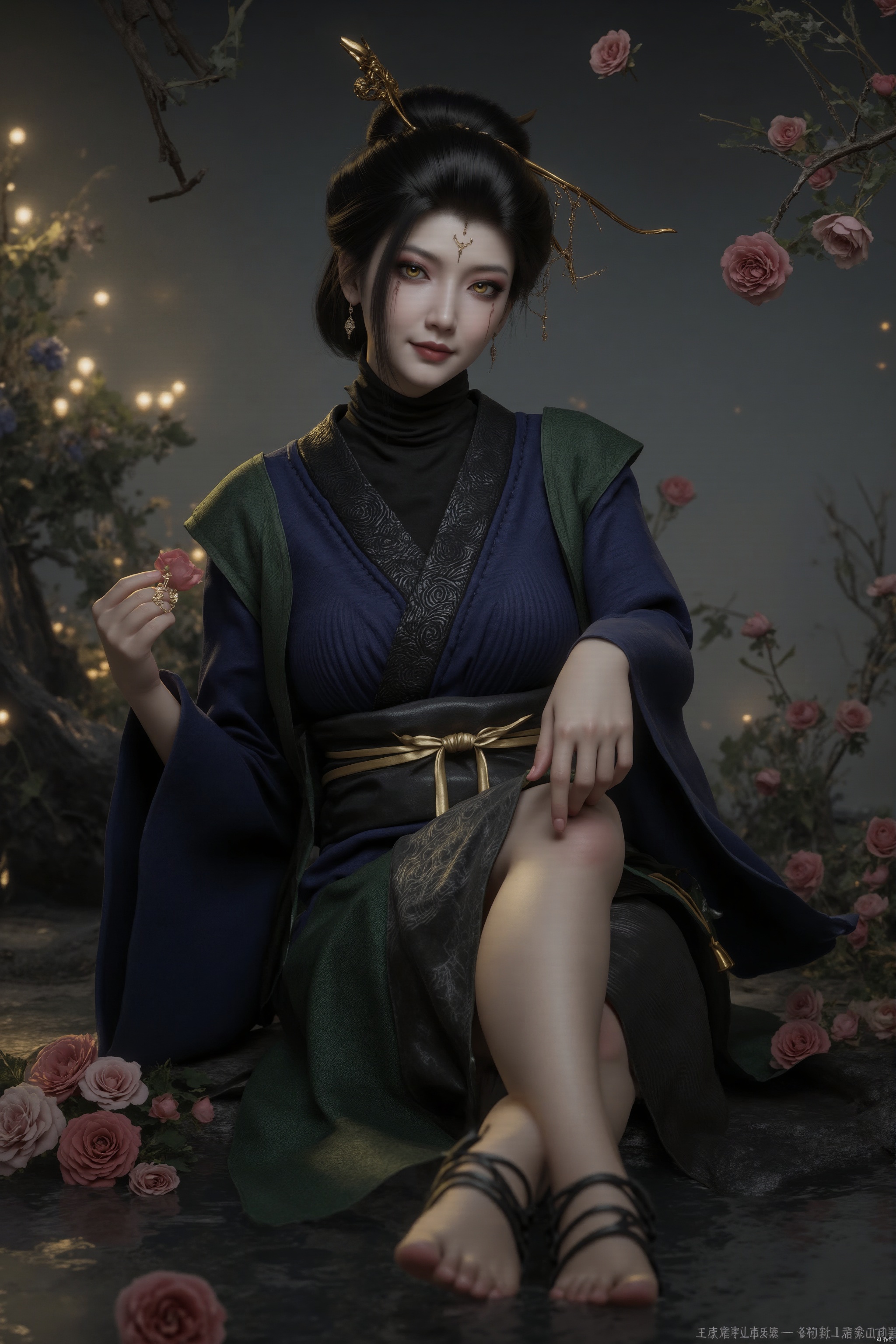 A serene 8K photo of a medium-sized Asian womandressed in a kimono Lazily sitting on water.The woman's eyes are a piercing yellowand her hair is a dark shade of black. Her hands are delicate.Smiling and looking at the camera. A delicate hair ornament adorns her hair, an elegant black apron embraces her slim figure, waist, apron, surrounded by Red wine and roses, makeup, eye shadow.Bracelet romant.