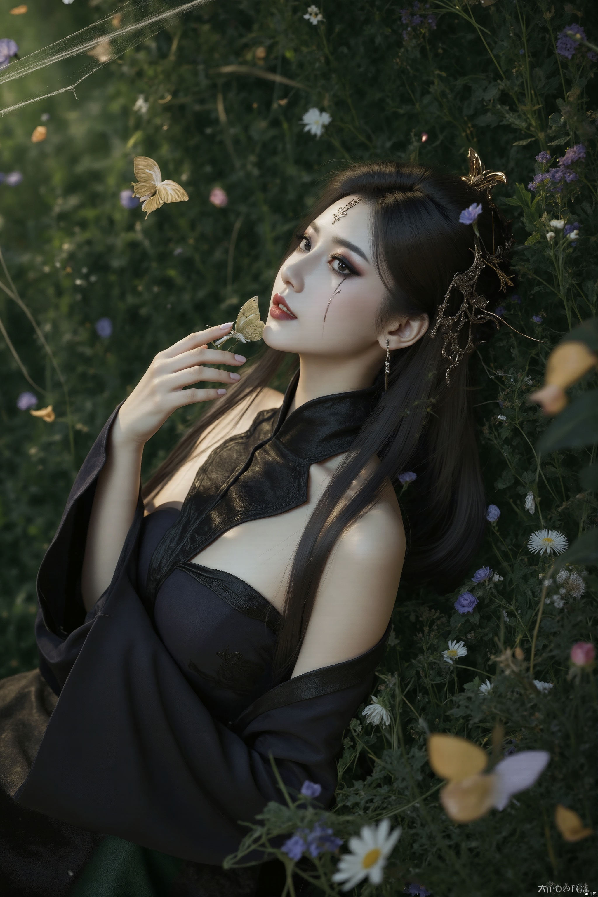 A serene 8K photo of a  girl (GG) lying on a lush green field, her long black hair cascading down her back like a waterfall. A delicate hair ornament adorns her hair, an elegant black apron embraces her slim figure, waist, apron, surrounded by petals and branches, makeup, eye shadow, red lips, a small butterfly perches on the edge of the earrings. Added a whimsical atmosphere. Wildflowers, butterflies, petals,1lxq-hd,yc-hd,ll-hd,