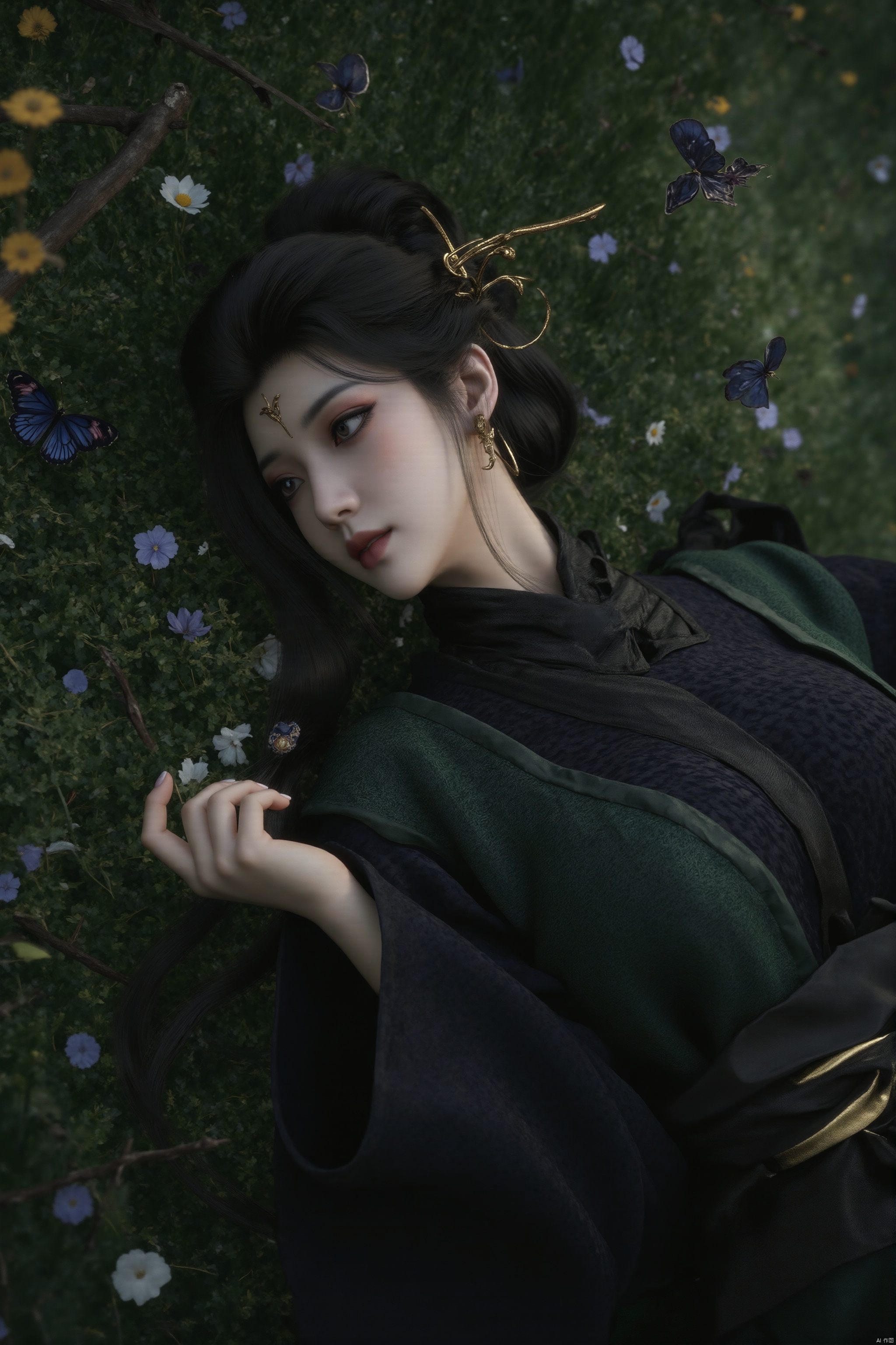 A serene 8K photo of a  girl (GG) lying on a lush green field, her long black hair cascading down her back like a waterfall. A delicate hair ornament adorns her hair, an elegant black apron embraces her slim figure, waist, apron, surrounded by petals and branches, makeup, eye shadow, red lips, a small butterfly perches on the edge of the earrings. Added a whimsical atmosphere. Wildflowers, butterflies, petals,1lxq-hd,yc-hd,ll-hd,
