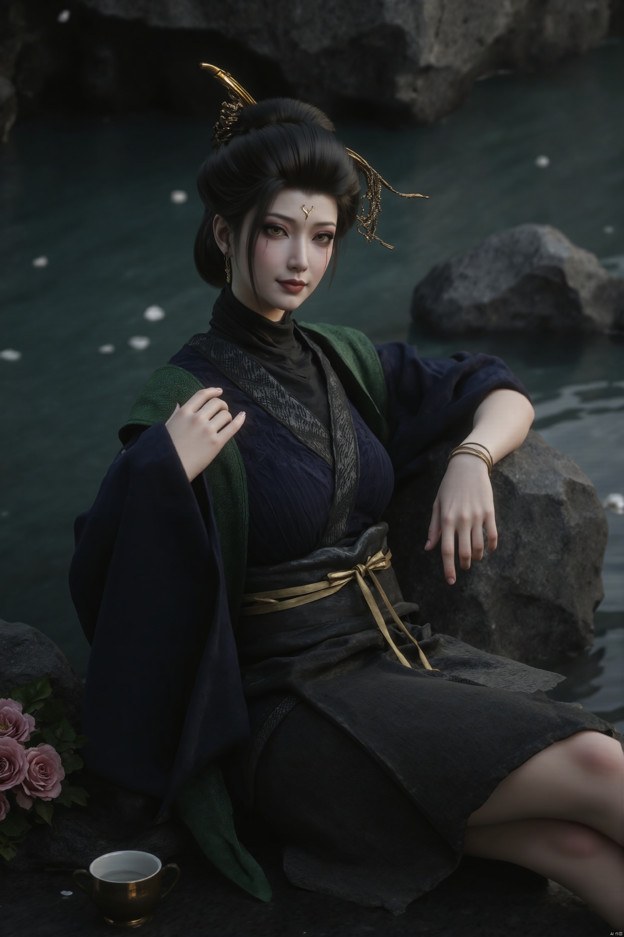 A serene 8K photo of a medium-sized Asian womandressed in a kimono Lazily sitting on water.The woman's eyes are a piercing yellowand her hair is a dark shade of black. Her hands are delicate.Smiling and looking at the camera. A delicate hair ornament adorns her hair, an elegant black apron embraces her slim figure, waist, apron, surrounded by Red wine and roses, makeup, eye shadow.Bracelet romant.