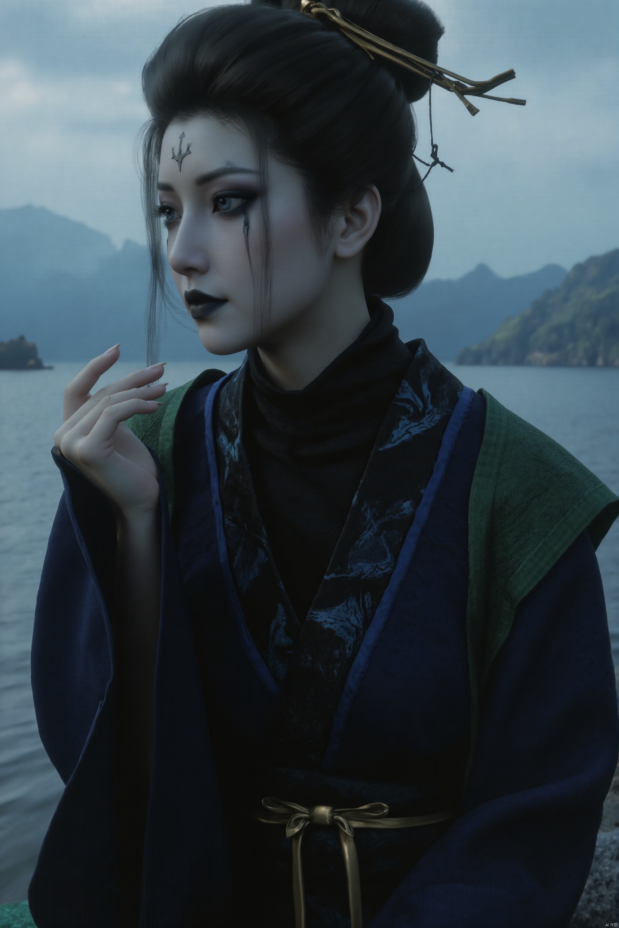A serene 8K photo of a medium-sized Asian womandressed in a kimono Lazily sitting on water.Her eyes are a piercing blue,and her lips are painted a dark shade of black. She is wearing a black kimono,
adorned with a blue and white pattern,accenting her neck and shoulders. 