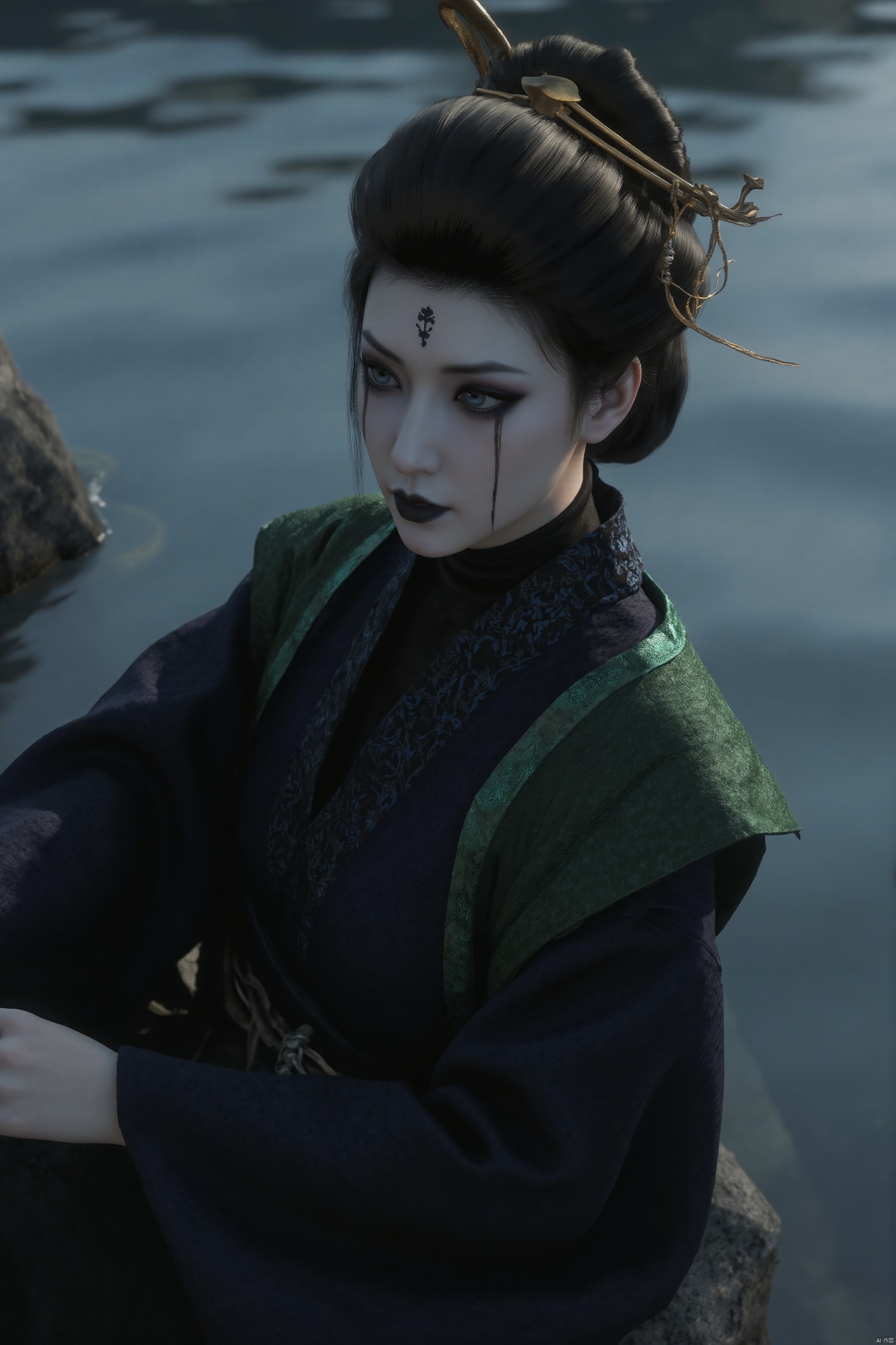 A serene 8K photo of a medium-sized Asian womandressed in a kimono Lazily sitting on water.Her eyes are a piercing blue,and her lips are painted a dark shade of black. She is wearing a black kimono,
adorned with a blue and white pattern,accenting her neck and shoulders. 
