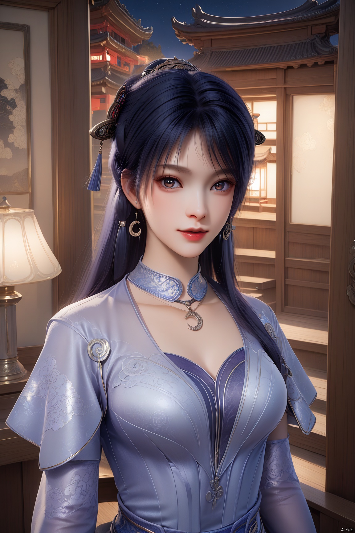 score_9, score_8_up, score_7_up,highly detailed digital, 
1girl, solo, long hair, hair ornament, long sleeves, dress, jewelry, upper body, necklace, looking at viewer, chinese clothes, 
indoors,architecture,east asian architecture, chair, vase, window,temptation,night sky,night,lantern,(rim light:1.1),available light,Cinematic Lighting,realistic,exquisite look,translucent skin,slender,
ultra detailed background,ultra realistic 8k cg, ,masterpiece,