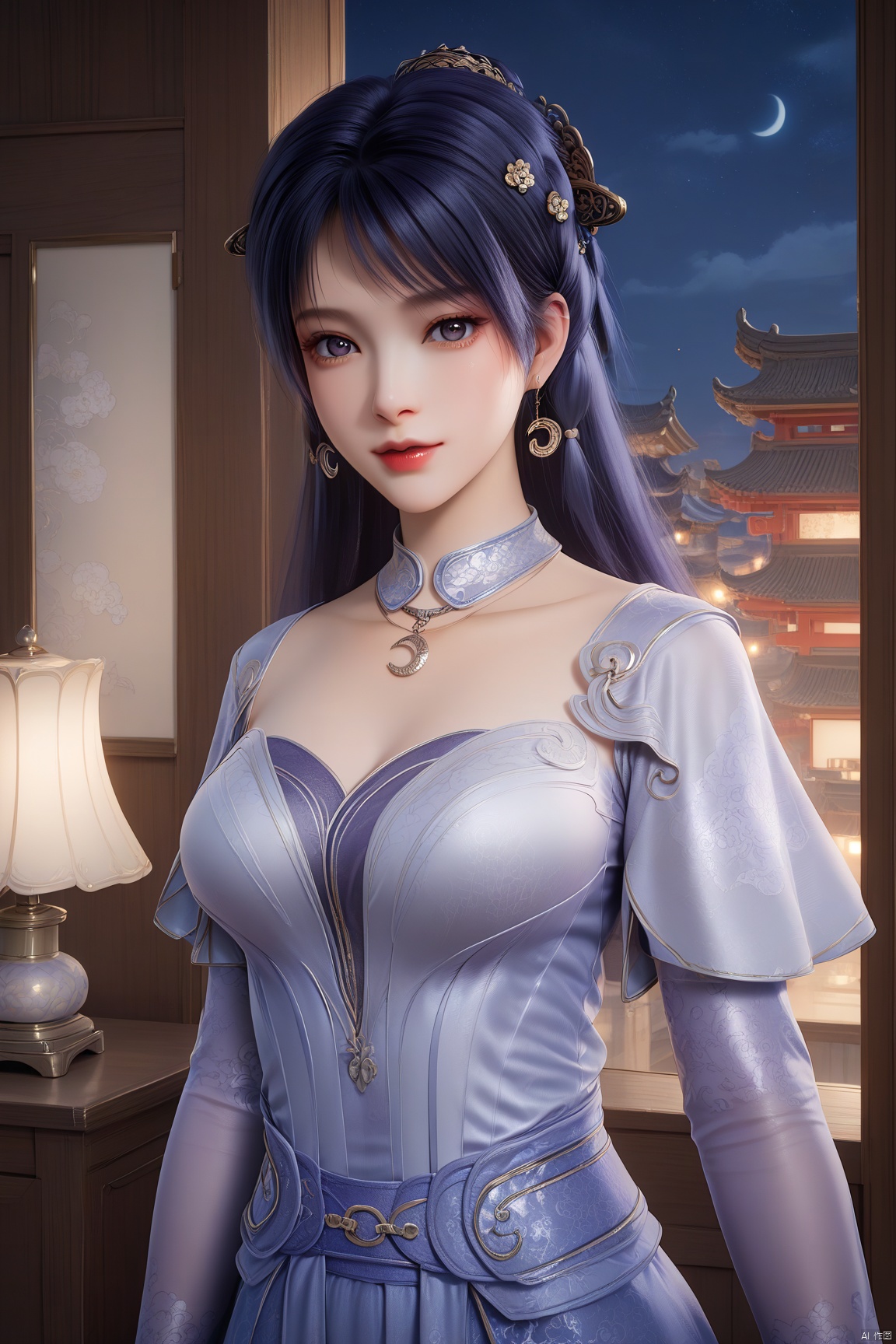 score_9, score_8_up, score_7_up,highly detailed digital, 
1girl, solo, long hair, hair ornament, long sleeves, dress, jewelry, upper body, necklace, looking at viewer, chinese clothes, 
indoors,architecture,east asian architecture, chair, vase, window,temptation,night sky,night,lantern,(rim light:1.1),available light,Cinematic Lighting,realistic,exquisite look,translucent skin,slender,
ultra detailed background,ultra realistic 8k cg, ,masterpiece,