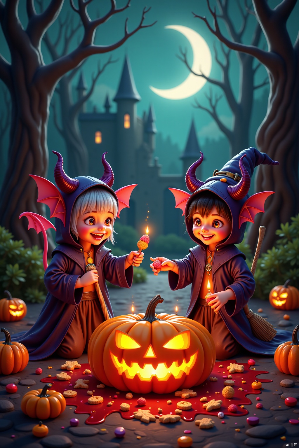 Halloween ,Candy feast, playful little demons, magic brooms, pumpkin lanterns on, trick or treating without candy,