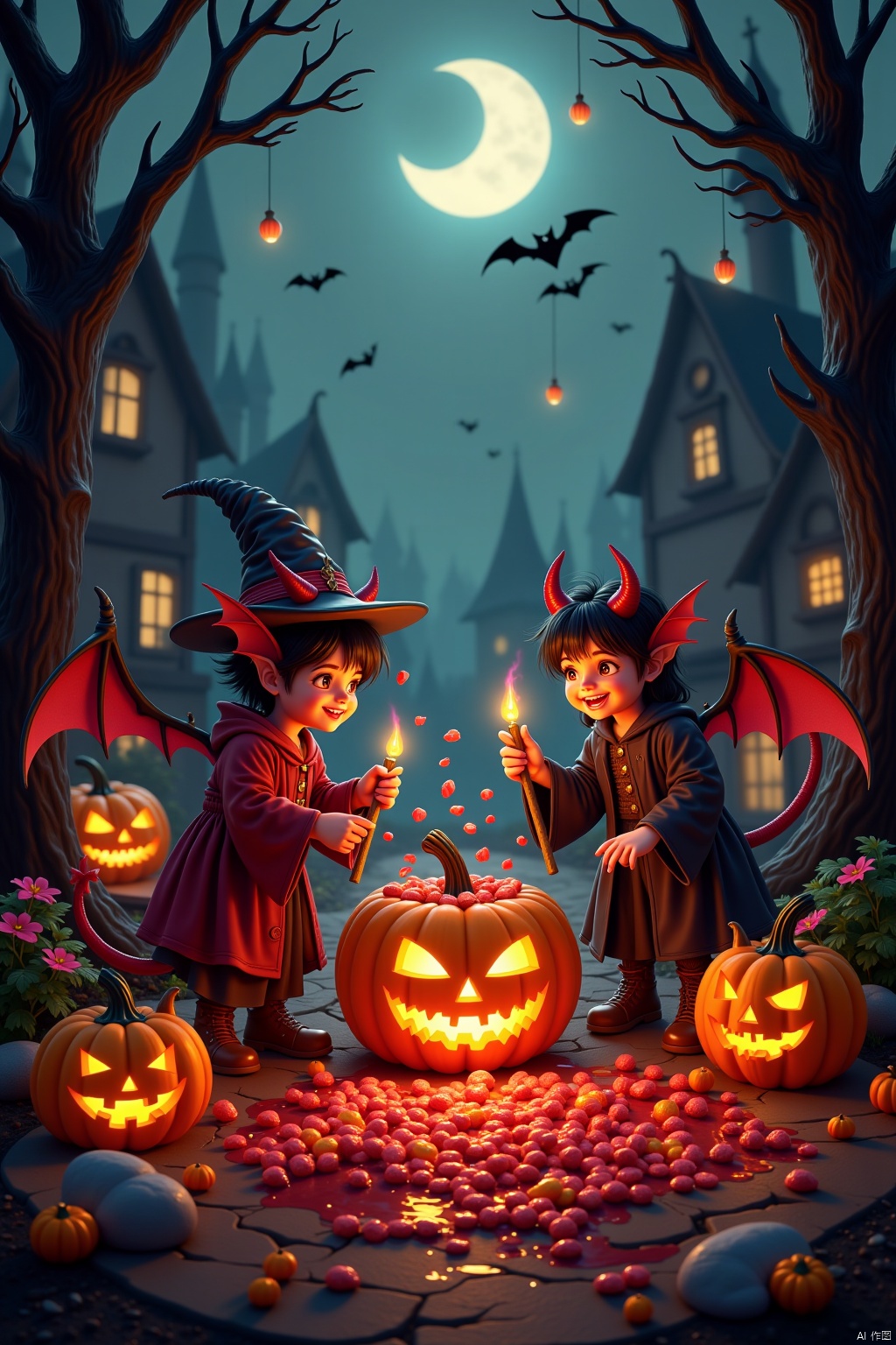 Halloween ,Candy feast, playful little demons, magic brooms, pumpkin lanterns on, trick or treating without candy,