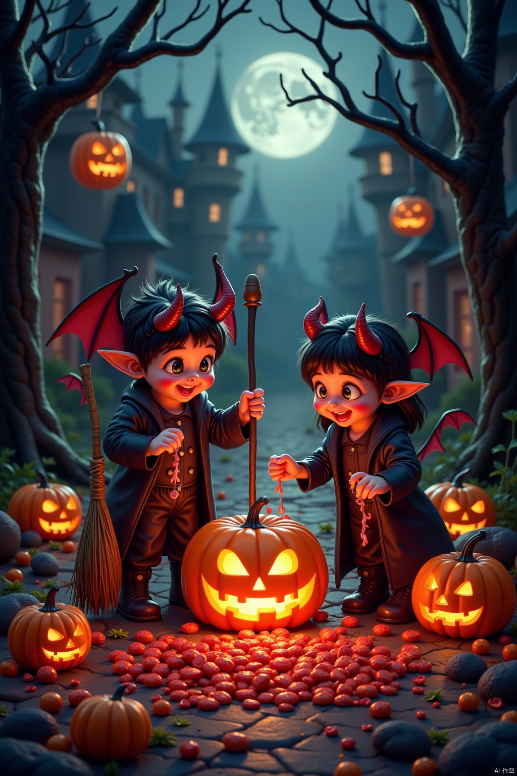 Halloween ,Candy feast, playful little demons, magic brooms, pumpkin lanterns on, trick or treating without candy,