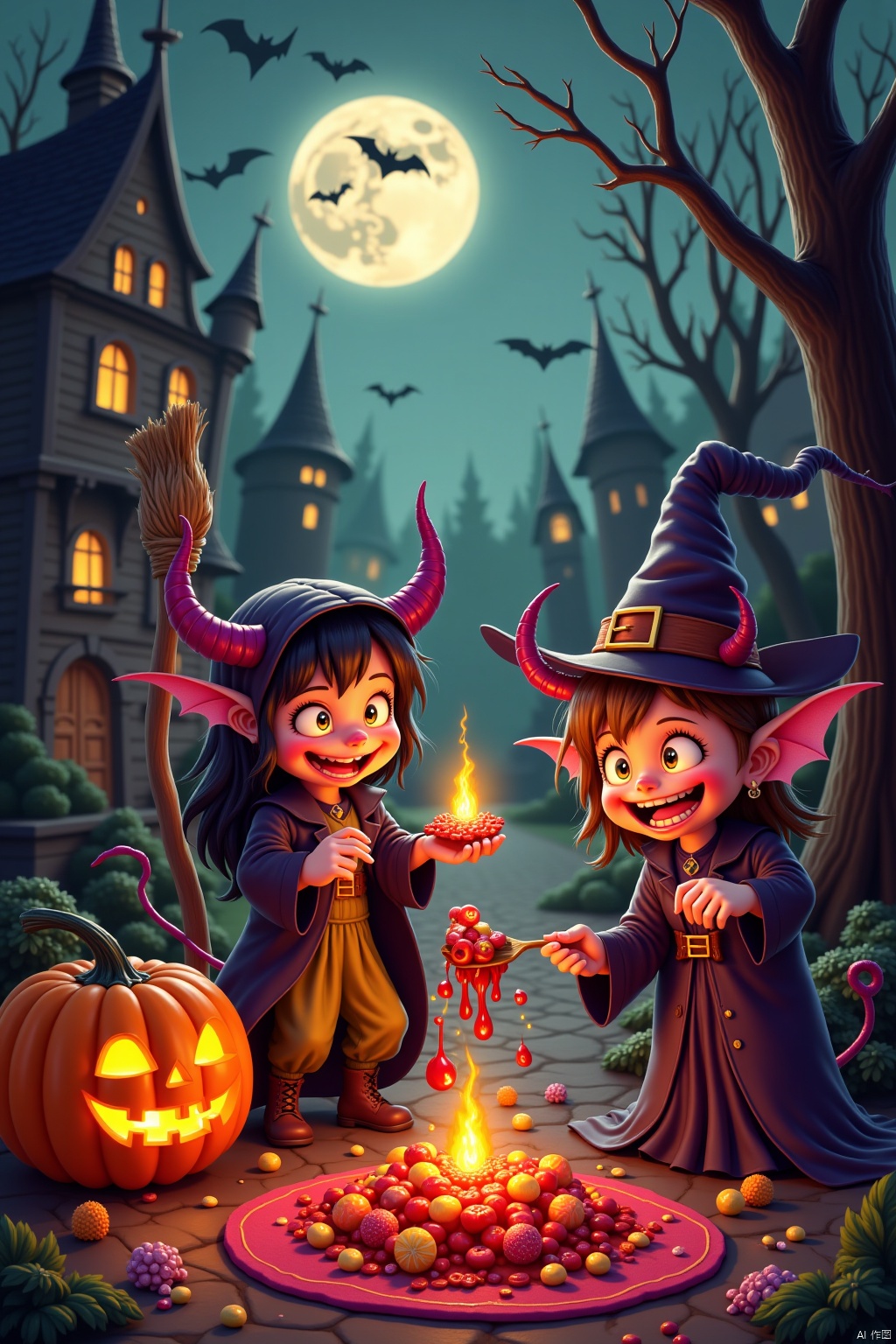 Halloween ,Candy feast, playful little demons, magic brooms, pumpkin lanterns on, trick or treating without candy,