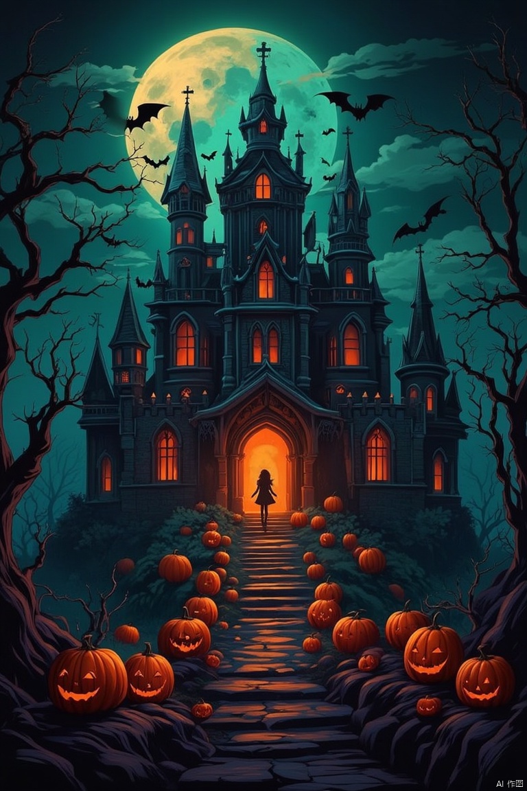 A vibrant Halloween night with a full moon visible against the backdrop of a black castle. The castle is adorned with three towers, each featuring spires and crosses on their tops. Below the castle, a set of stairs leads to the entrance where a girl stands, decorated with pumpkins. Pumpkins are lined up in a row, adding a touch of contrast to the scene. The sky is deep blue with a few light clouds, adding depth to the composition. High quality image, ultra-detailed, photorealistic painting by midjourney, dramatic lighting, eerie atmosphere, enchanting castle, mysterious girl, jack-o'-lanterns, full moon, deep blue sky, faint clouds.