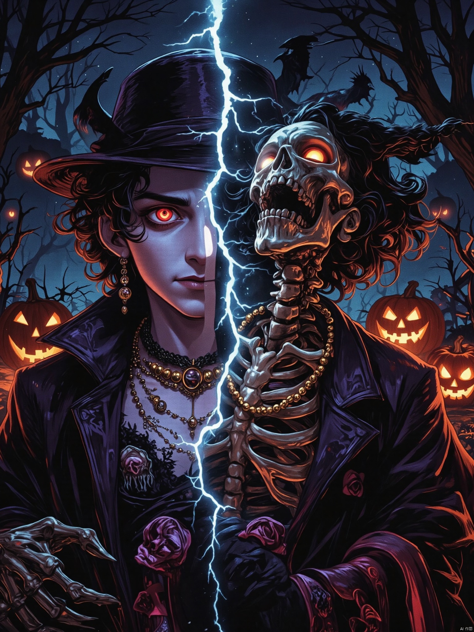 Close-up of the head from above, anime style, symmetrical composition The picture is separated from the two sides, the picture on the left is a man, the picture on the right is a skeleton, the characters on both sides are in the same position, the costume is the same, there is a lightning special effect in the middle to divide the picture, the man is wearing a hat, wearing a luxurious black evening dress, with a skull necklace and earrings, short black wavy hair, red eyes glowing, a serious expression staring, a sinister and terrifying expression, the skeleton on the right opens its mouth and laughs, revealing bones, with a golden necklace, Halloween elements, Outdoor forest on Halloween night, scary and eerie feeling, art, texture, brushstrokes,oil painting