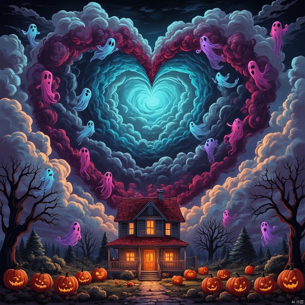 A vibrant scene with a heart-shaped arrangement of bright colors meticulously captured in a detailed painting. Surrounded by fluffy white clouds, the scene gains a touch of warmth. A house with a red roof is centrally placed, decorated with Halloween blue pumpkin lanterns. Purple and pink gradient ghosts float in the air, adding color to the monochrome composition. The background features an impending storm sky, enhancing the drama of the scene. High quality image, photorealistic, intricate details, sharp focus.