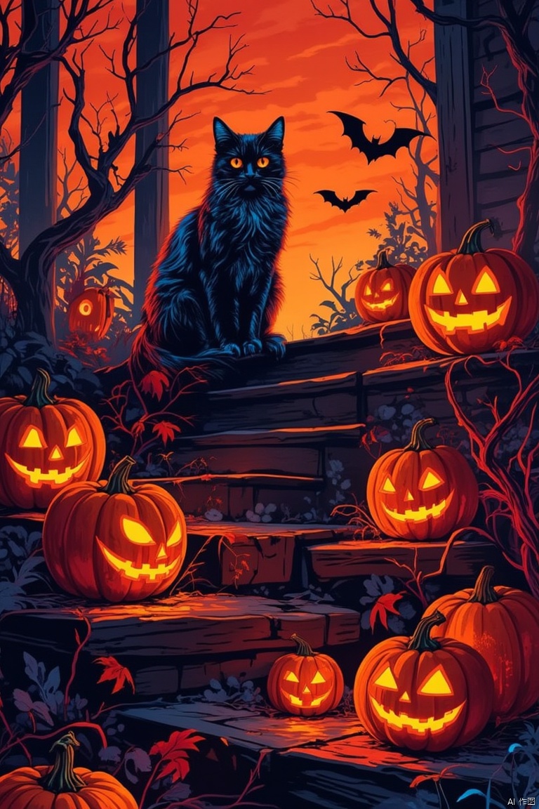 A vibrant Halloween scene featuring a black cat with bright blue fur and deep orange eyes perched on a staircase adorned with uniquely designed pumpkins, including jack-o'-lanterns arranged in various shapes adding depth to the composition against an intense orange background, creating a striking contrast, high quality illustration.