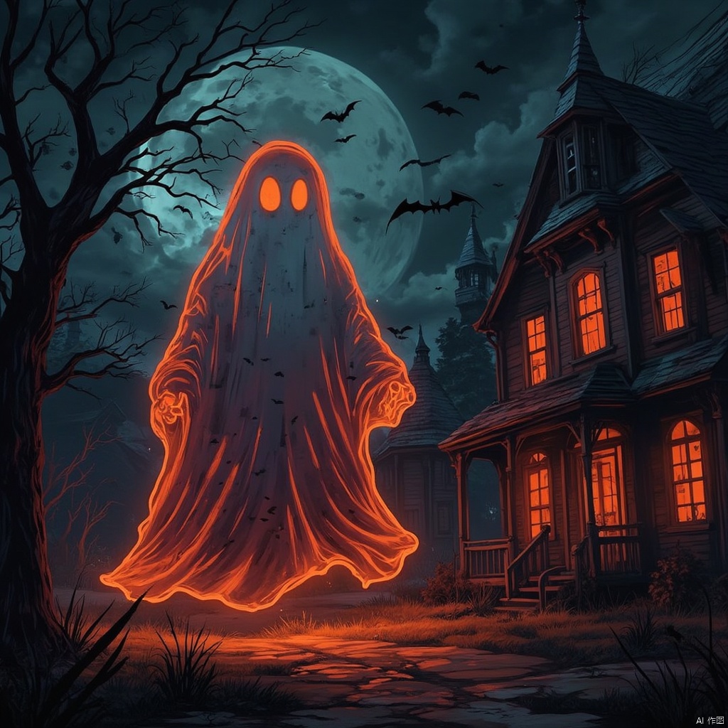 A Halloween scene at eye level, a spooky night filled with vibrant orange glow. A huge, glowing orange ghost outline prominently displayed in the center of the frame. To the right of the ghost, there is a small dark house with a spire and a black cross on the roof. The house is adorned with three windows, each emitting a warm orange hue, adding a splash of color to the scene. The foreground features dead grass and weeds, adding depth to the composition. The background consists of a dark sky, a full moon, and several black bats flying across the sky, creating an eerie atmosphere. High-quality image, ultra-detailed, photorealistic painting by [your favorite artist], trending on ArtStation, trending on CGSociety.