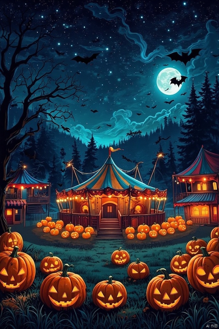 A vibrant Halloween night scene with a semi-circular arrangement of glowing orange pumpkin lanterns on the grass, each carved with smiling faces. In the center, a circus tent with a blue roof is surrounded by flying black bats, adding an eerie touch. The sky is deep blue speckled with white stars and a glowing moon. On the left side, there's a leafless tree reaching towards the sky. In the background, two tents are visible, one with a red door and another with a green top. High quality, detailed illustration, perfect for Halloween celebrations, enchanting atmosphere, mysterious and festive mood, vivid colors of autumn, magical night under the stars, full shot of the enchanting Halloween setup.