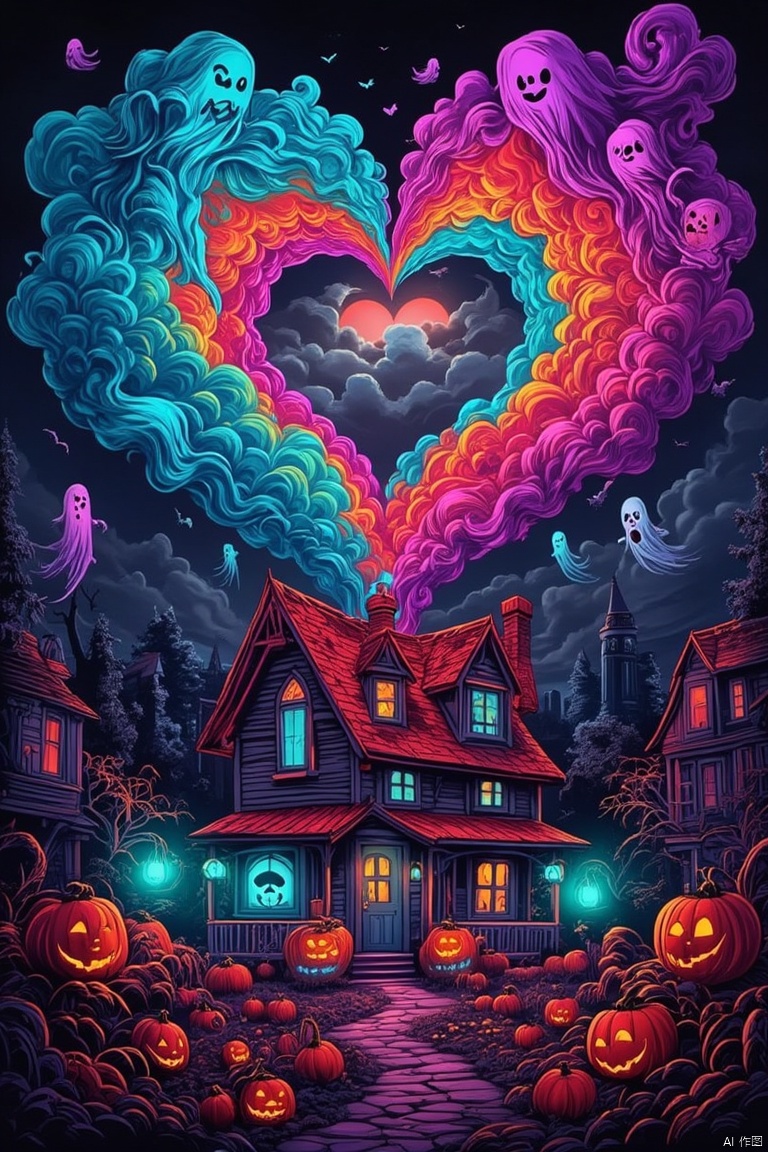 A vibrant scene with a heart-shaped arrangement of bright colors meticulously captured in a detailed painting. Surrounded by fluffy white clouds, the scene gains a touch of warmth. A house with a red roof is centrally placed, decorated with Halloween blue pumpkin lanterns. Purple and pink gradient ghosts float in the air, adding color to the monochrome composition. The background features an impending storm sky, enhancing the drama of the scene. High quality image, photorealistic, intricate details, sharp focus.