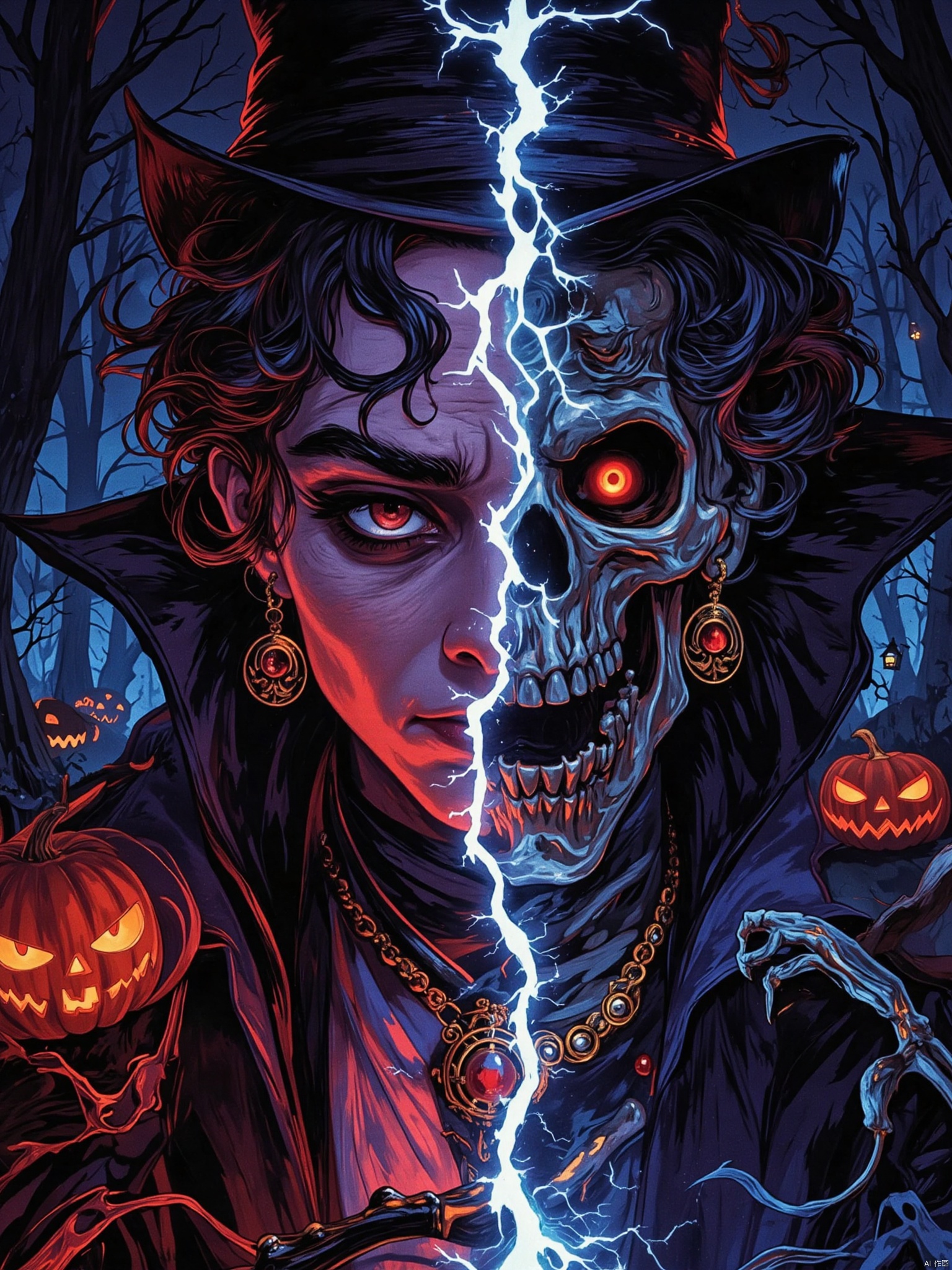 Close-up of the head from above, anime style, symmetrical composition The picture is separated from the two sides, the picture on the left is a man, the picture on the right is a skeleton, the characters on both sides are in the same position, the costume is the same, there is a lightning special effect in the middle to divide the picture, the man is wearing a hat, wearing a luxurious black evening dress, with a skull necklace and earrings, short black wavy hair, red eyes glowing, a serious expression staring, a sinister and terrifying expression, the skeleton on the right opens its mouth and laughs, revealing bones, with a golden necklace, Halloween elements, Outdoor forest on Halloween night, scary and eerie feeling, art, texture, brushstrokes,oil painting