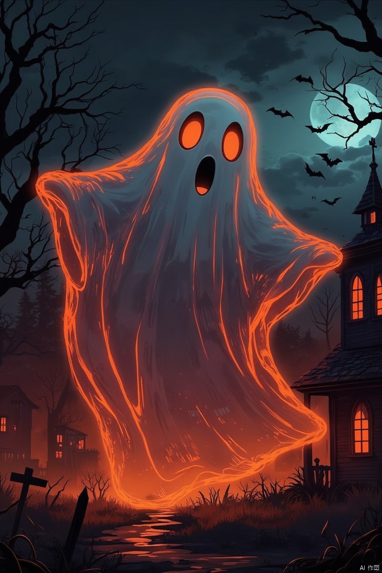 A Halloween scene at eye level, a spooky night filled with vibrant orange glow. A huge, glowing orange ghost outline prominently displayed in the center of the frame. To the right of the ghost, there is a small dark house with a spire and a black cross on the roof. The house is adorned with three windows, each emitting a warm orange hue, adding a splash of color to the scene. The foreground features dead grass and weeds, adding depth to the composition. The background consists of a dark sky, a full moon, and several black bats flying across the sky, creating an eerie atmosphere. High-quality image, ultra-detailed, photorealistic painting by [your favorite artist], trending on ArtStation, trending on CGSociety.