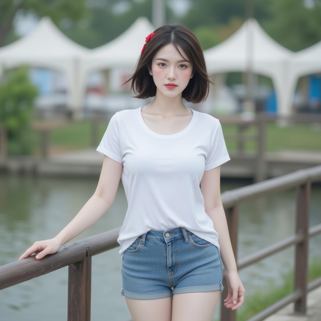 a medium-sized Asian woman,  dressed in a white t-shirt and denim shorts,  is walked on a dimly halley. She has a red bow...