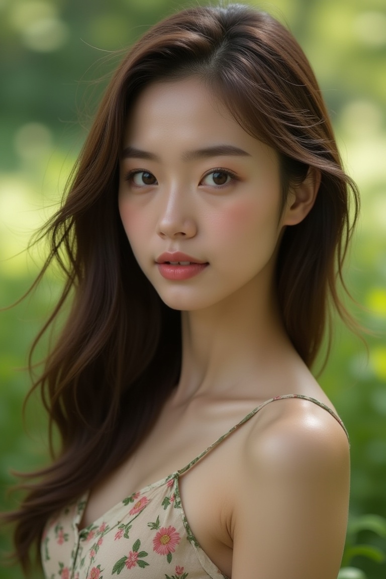 A stunningly beautiful young woman stands confidently in front of a lush green backdrop,  her long hair gently blowing in...