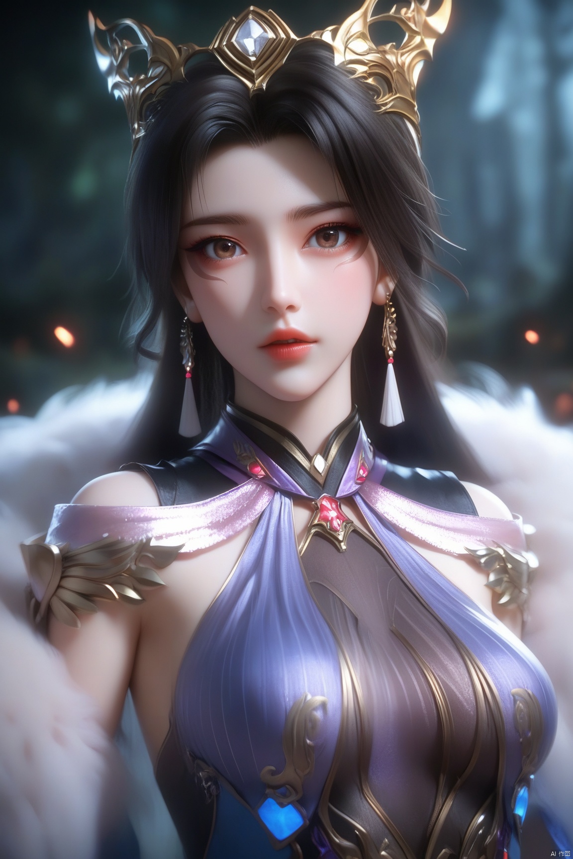score_9, score_8_up, score_7_up,highly detailed digital, 
1girl, solo, long hair, breasts, looking at viewer, black hair, dress, bare shoulders, brown eyes, medium breasts, upper body, parted lips, lips, fur collar,
ultra detailed background,ultra detailed background,ultra realistic 8k cg, ,masterpiece,
