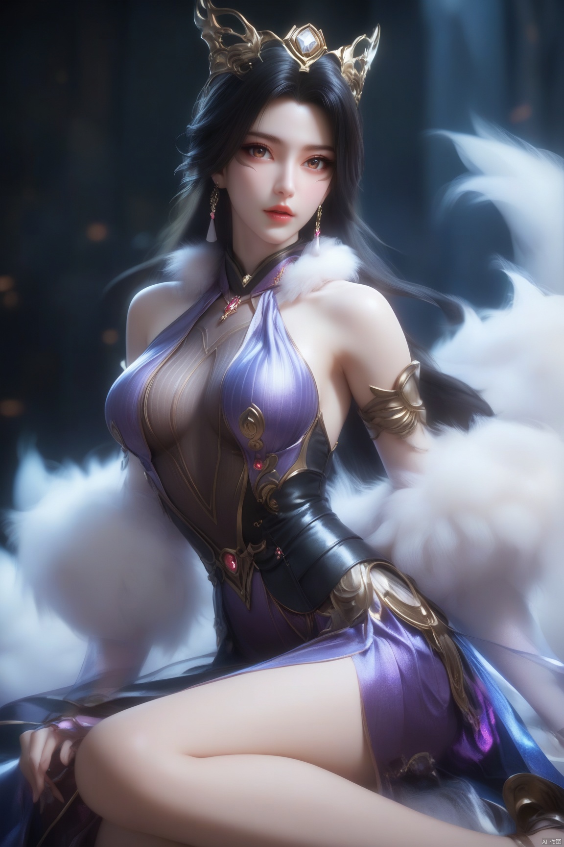 score_9, score_8_up, score_7_up,highly detailed digital, 
1girl, solo, long hair, breasts, looking at viewer, black hair, dress, bare shoulders, brown eyes, medium breasts, full body, parted lips, lips, fur collar,
ultra detailed background,ultra detailed background,ultra realistic 8k cg, ,masterpiece,