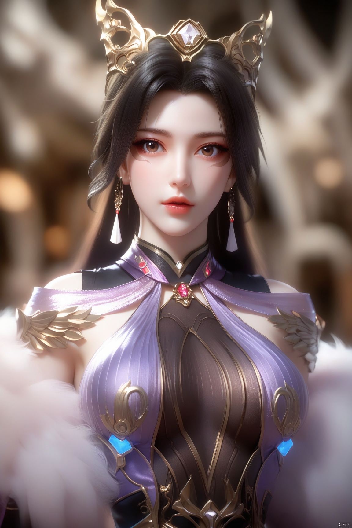 score_9, score_8_up, score_7_up,highly detailed digital, 
1girl, solo, long hair, breasts, looking at viewer, black hair, dress, bare shoulders, brown eyes, medium breasts, upper body, parted lips, lips, fur collar,
ultra detailed background,ultra detailed background,ultra realistic 8k cg, ,masterpiece,