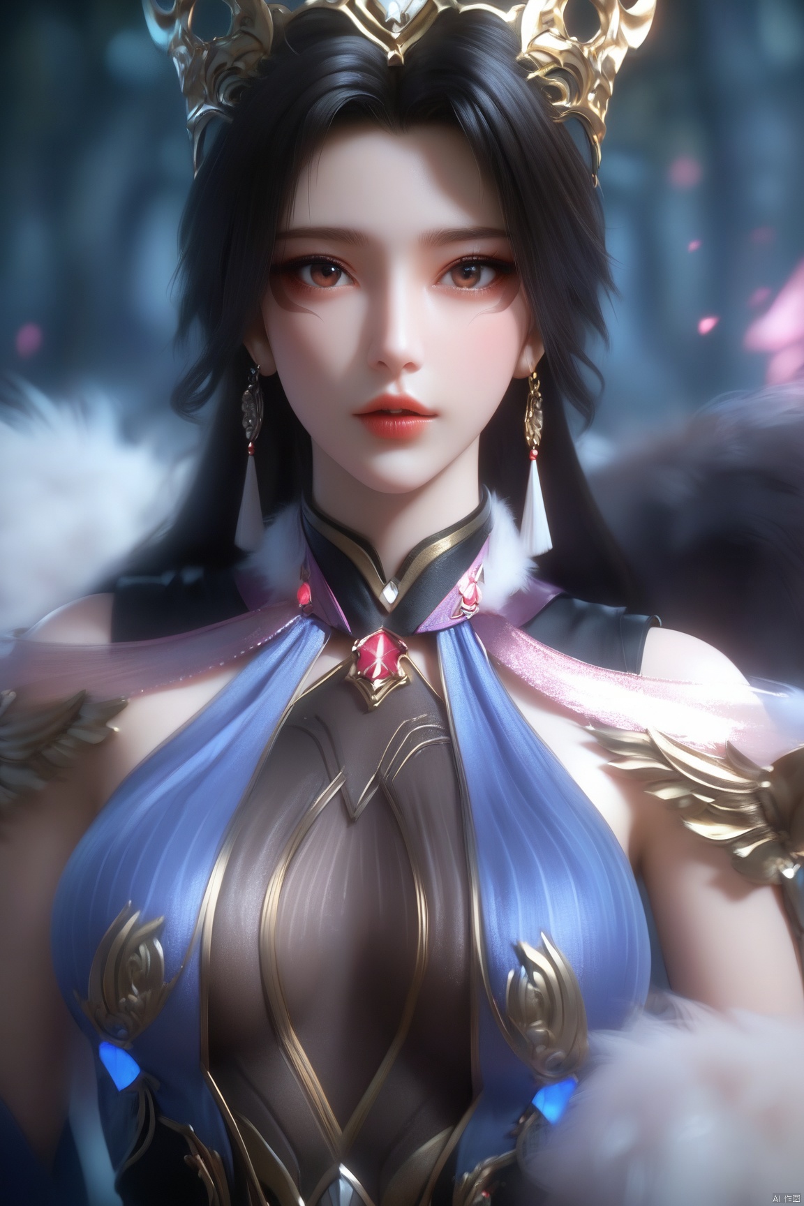 score_9, score_8_up, score_7_up,highly detailed digital, 
1girl, solo, long hair, breasts, looking at viewer, black hair, dress, bare shoulders, brown eyes, medium breasts, upper body, parted lips, lips, fur collar,
ultra detailed background,ultra detailed background,ultra realistic 8k cg, ,masterpiece,