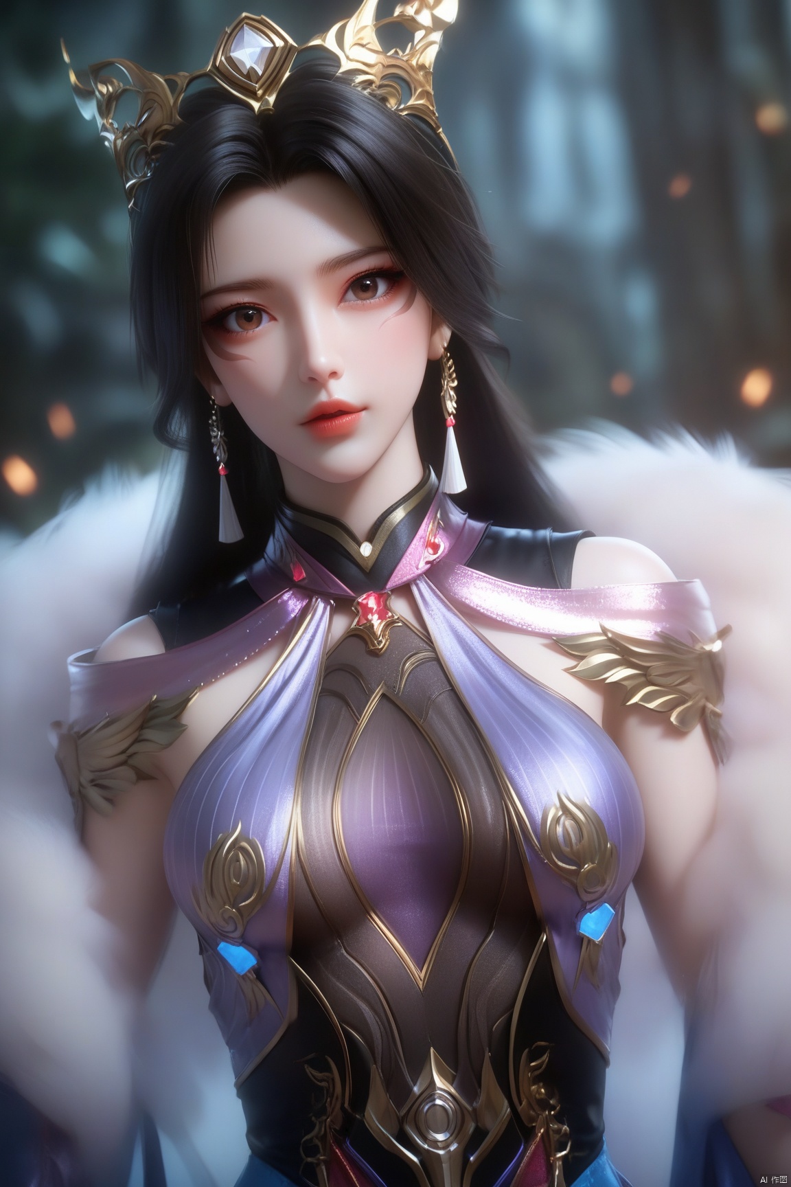 score_9, score_8_up, score_7_up,highly detailed digital, 
1girl, solo, long hair, breasts, looking at viewer, black hair, dress, bare shoulders, brown eyes, medium breasts, upper body, parted lips, lips, fur collar,
ultra detailed background,ultra detailed background,ultra realistic 8k cg, ,masterpiece,