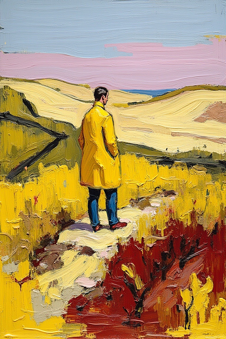 "A bold,  expressive painting of a man standing on sand dunes,  inspired by Charles Demuth on Tensor.Art