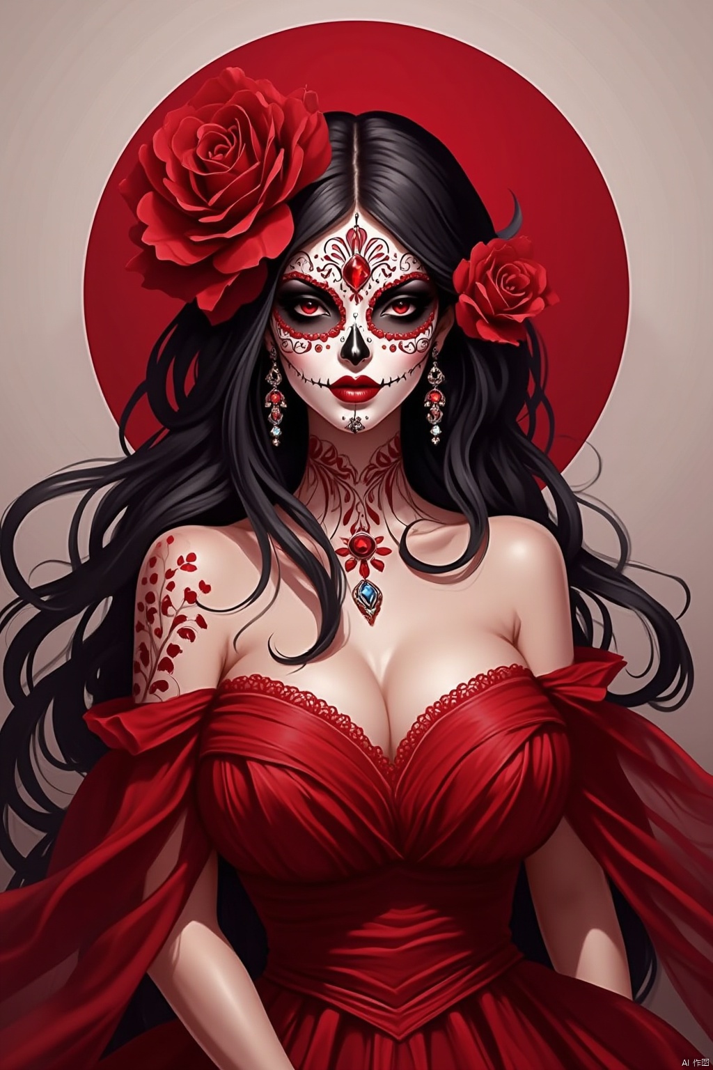 1girl, solo, long hair, breasts, large breasts, black hair, hair ornament, red eyes, dress, cleavage, bare shoulders, jewelry, upper body, flower, earrings, hair flower, strapless, makeup, mask, rose, red dress, lipstick, red flower, strapless dress, red lips