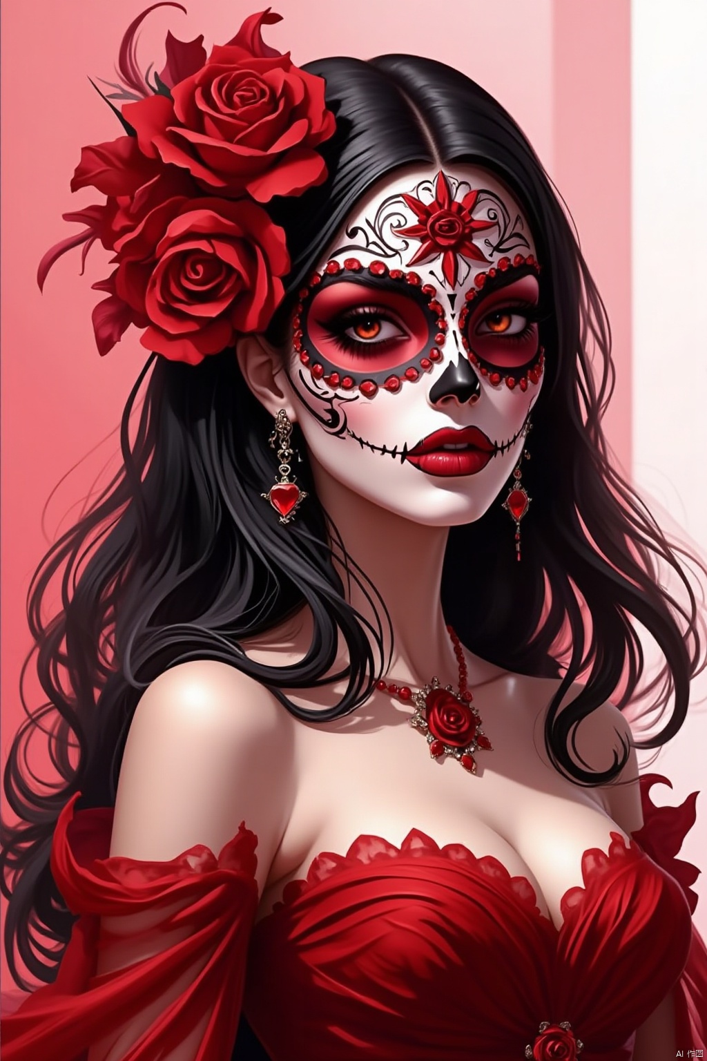 1girl, solo, long hair, breasts, large breasts, black hair, hair ornament, red eyes, dress, cleavage, bare shoulders, jewelry, upper body, flower, earrings, hair flower, strapless, makeup, mask, rose, red dress, lipstick, red flower, strapless dress, red lips