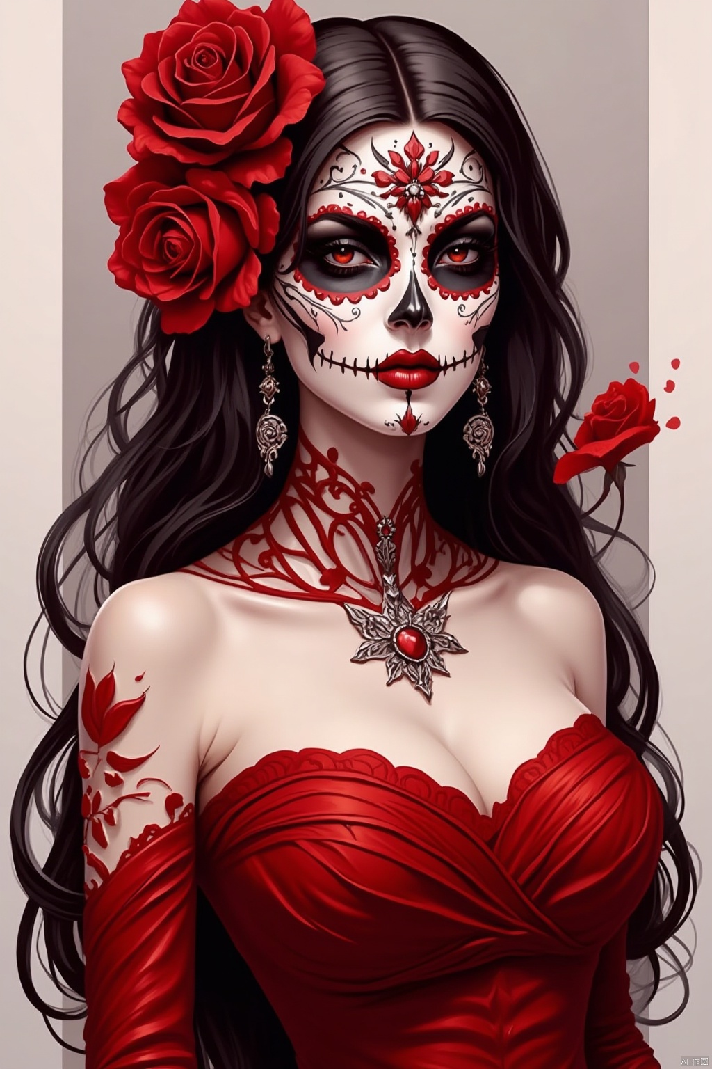 1girl, solo, long hair, breasts, large breasts, black hair, hair ornament, red eyes, dress, cleavage, bare shoulders, jewelry, upper body, flower, earrings, hair flower, strapless, makeup, mask, rose, red dress, lipstick, red flower, strapless dress, red lips