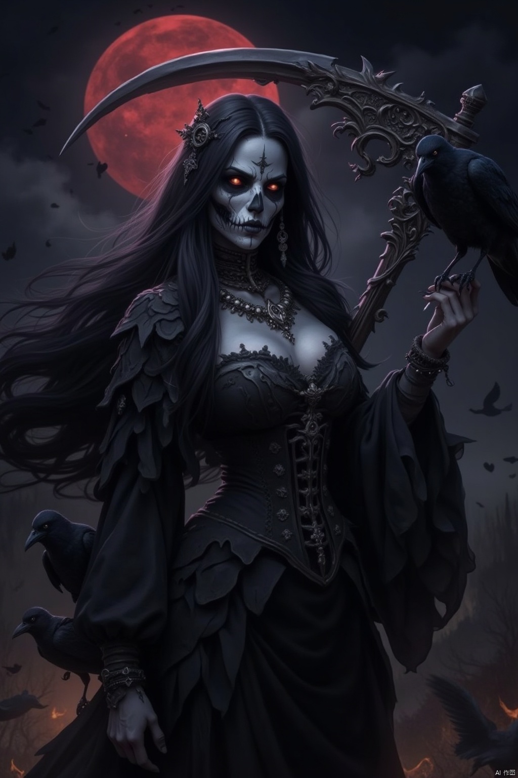 1girl, solo, long hair, breasts, looking at viewer, large breasts, black hair, hair ornament, long sleeves, dress, cleavage, jewelry, closed mouth, earrings, outdoors, hand up, necklace, black dress, bracelet, night, bird, moon, fire, full moon, scythe, crow, red moon, bird on hand