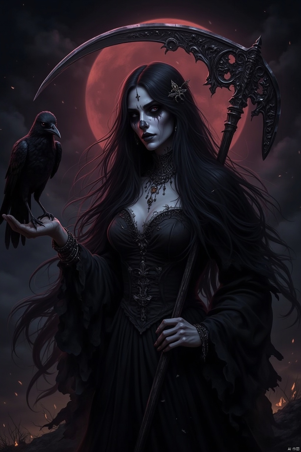 1girl, solo, long hair, breasts, looking at viewer, large breasts, black hair, hair ornament, long sleeves, dress, cleavage, jewelry, closed mouth, earrings, outdoors, hand up, necklace, black dress, bracelet, night, bird, moon, fire, full moon, scythe, crow, red moon, bird on hand