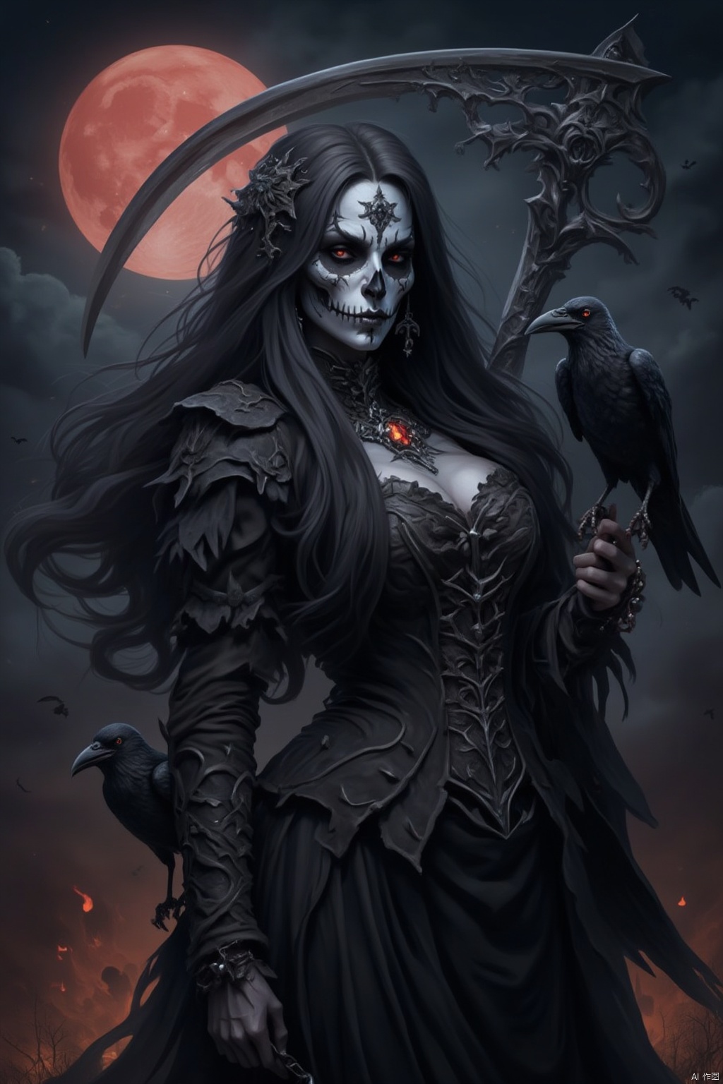 1girl, solo, long hair, breasts, looking at viewer, large breasts, black hair, hair ornament, long sleeves, dress, cleavage, jewelry, closed mouth, earrings, outdoors, hand up, necklace, black dress, bracelet, night, bird, moon, fire, full moon, scythe, crow, red moon, bird on hand
