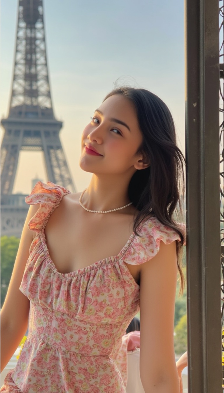 A young woman in a flowy sundress poses against the iconic Eiffel Tower's iron latticework in Paris' golden afternoon ligh...