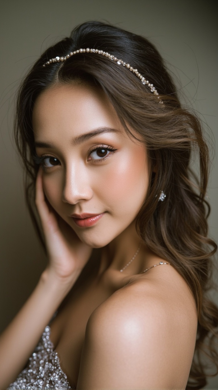 A young woman with luscious brown locks cascading down her back,  adorned with a hairband and delicate earrings. Her brown...