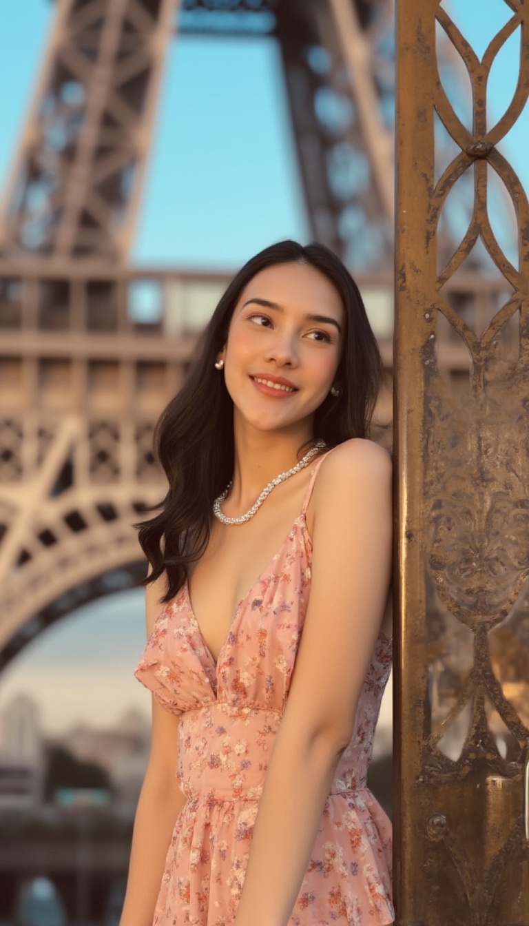 A young woman in a flowy sundress poses against the iconic Eiffel Tower's iron latticework in Paris' golden afternoon ligh...