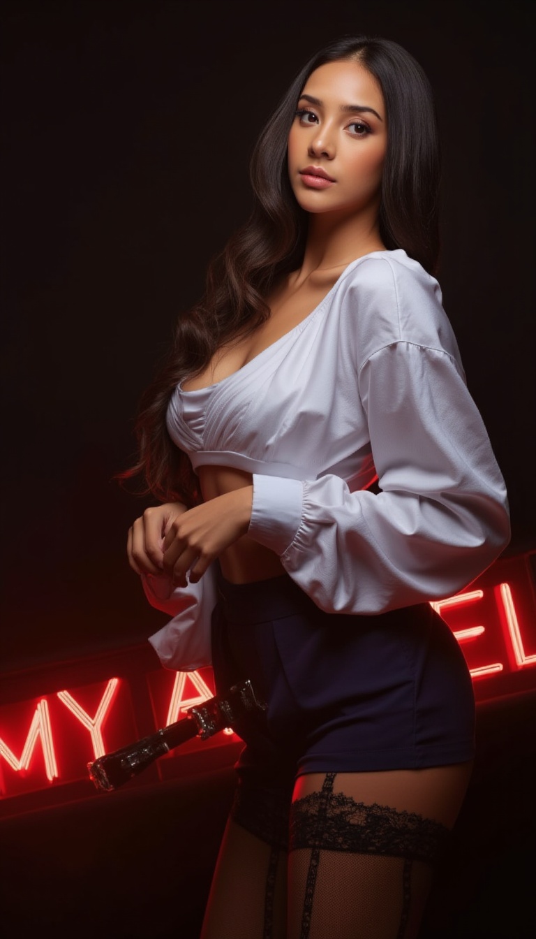 A young woman with fair skin and ultra-detailed eyes,  her brown shiny hair cascading down her back. She wears a crisp whi...