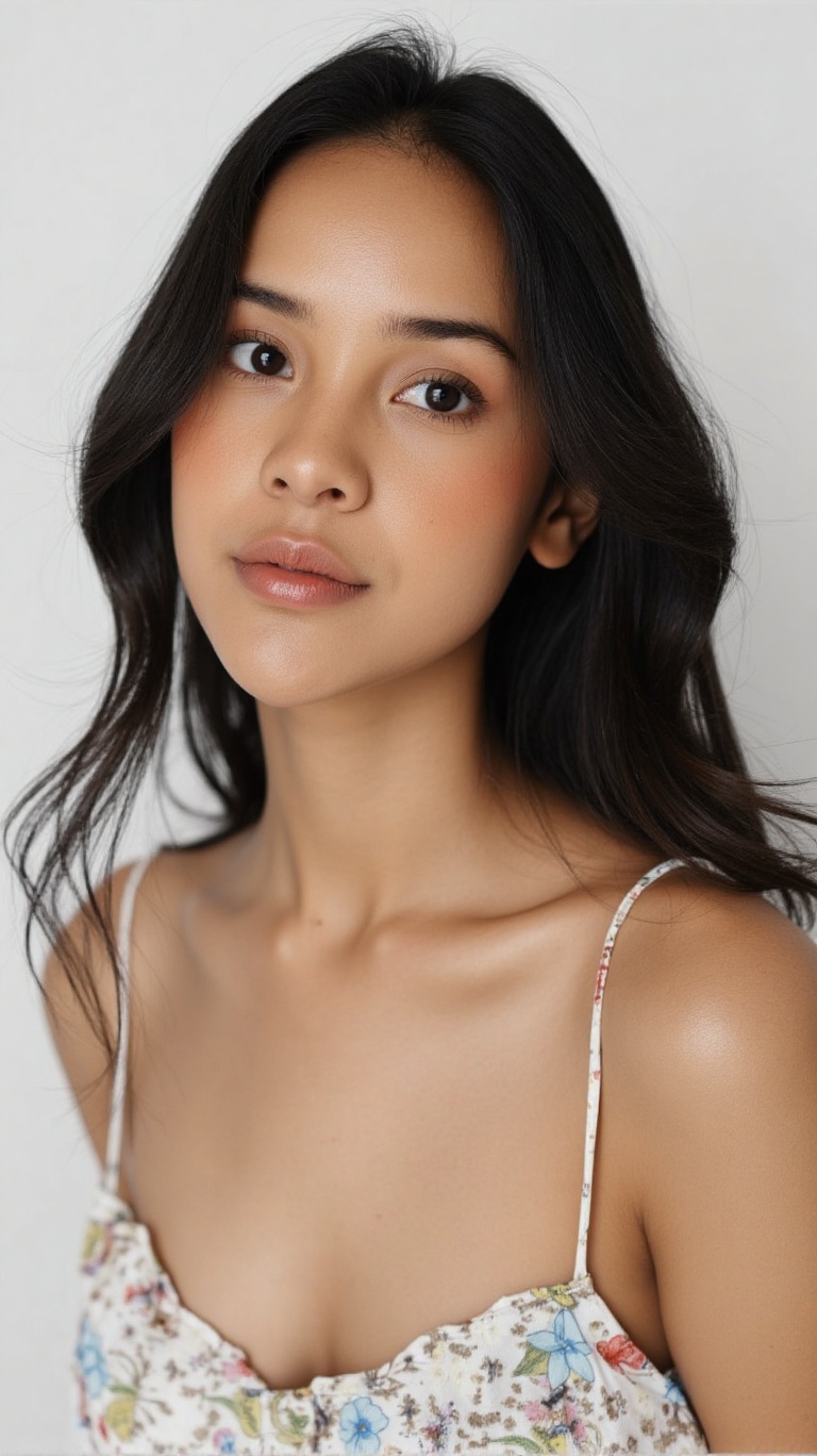 a young woman with long dark brown hair,  beautiful young woman wearing sundress,  white background on Tensor.Art