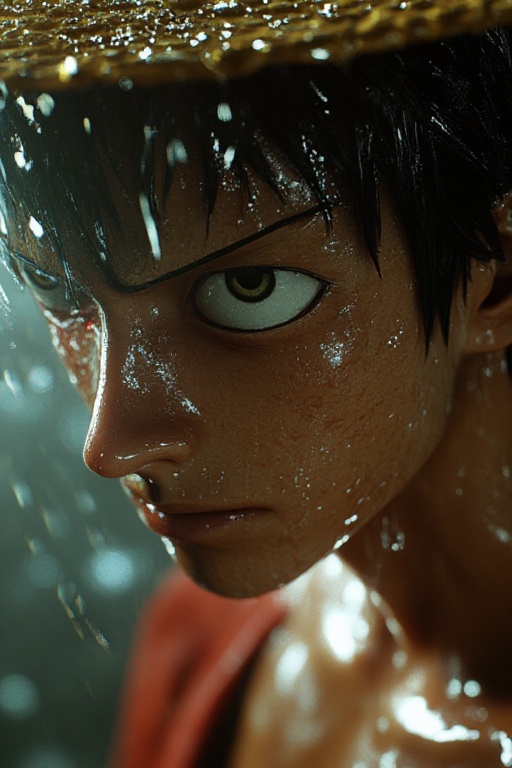 Ultra-realistic Luffy One Piece character,  close-up of a Luffy with wet skin and hair dripping in rain,  sharp facial exp...